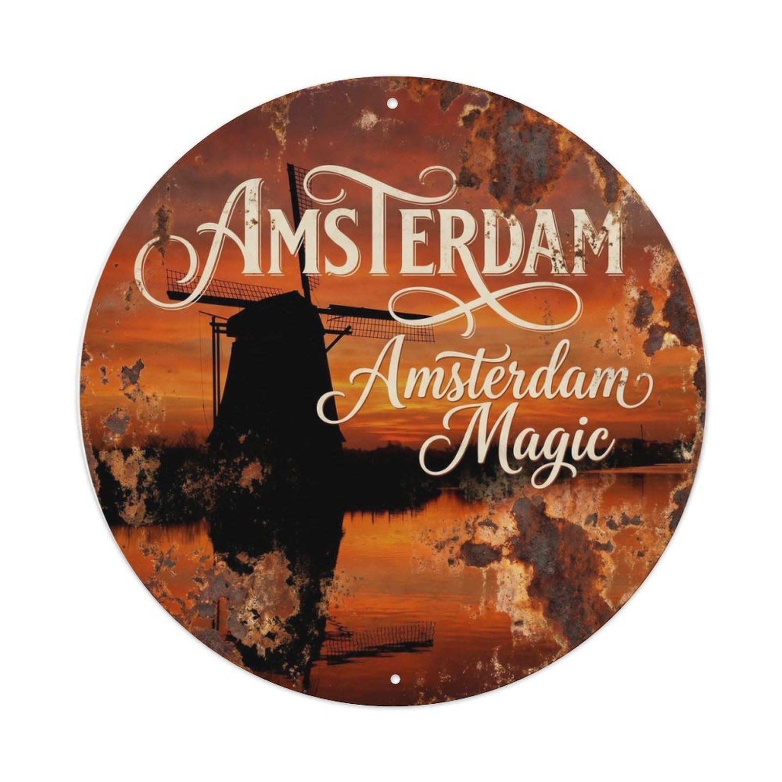 Vintage Travel Netherlands Windmill Sunset Metal Tin Sign Plaque