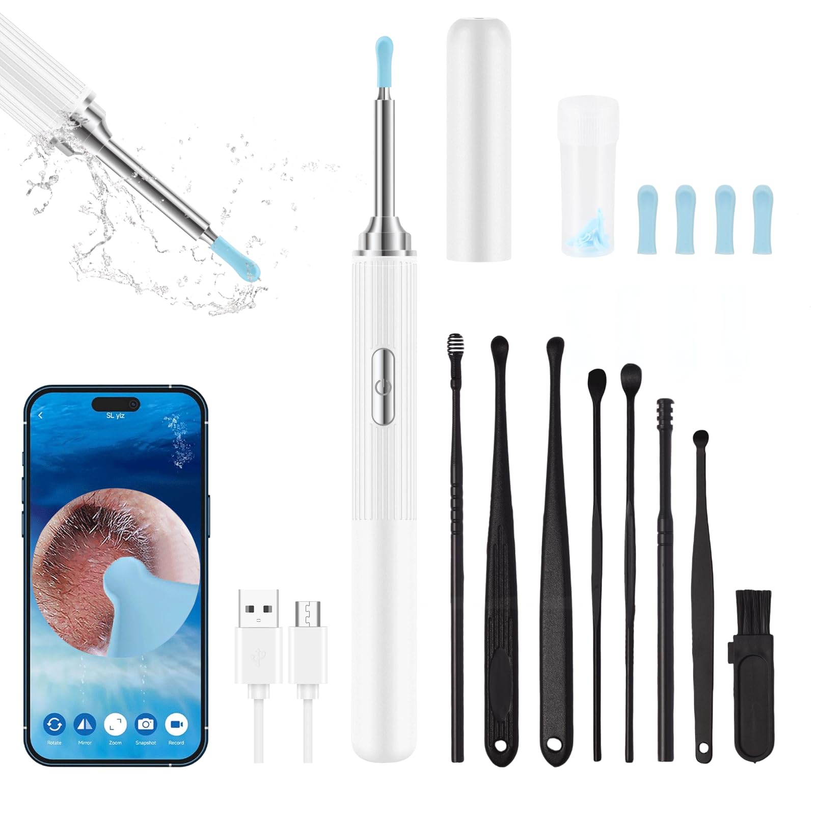 Eliminador de cerumen, herramienta con 8 piezas, limpiador de oídos con cámara, kit de eliminación de cerumen con luz, cámara con 4 cucharas, kit de limpieza de oídos para iOS y Android (blanco)