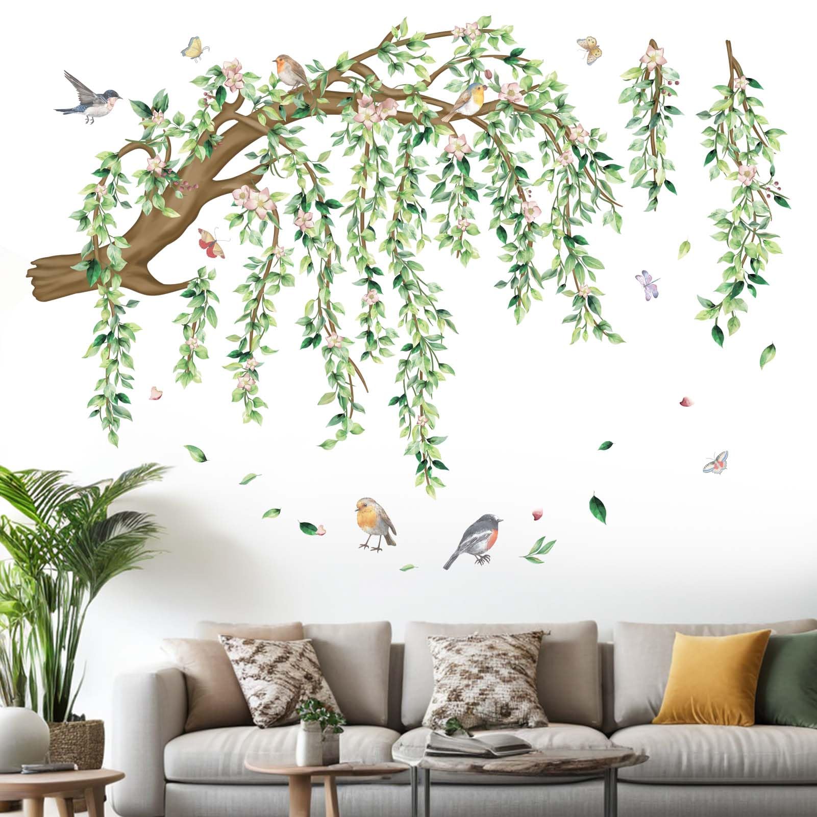 Large Hanging Vine Wall Stickers: Peel and Stick Green Leaf Tree Branch Pink Flower Birds Leaves Wall Decals - Image 3