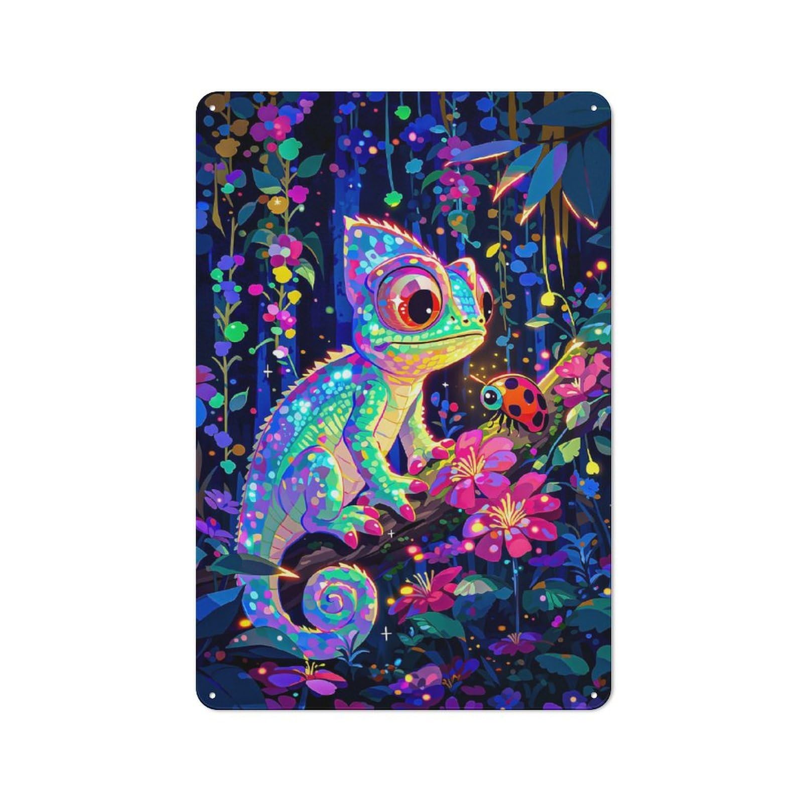 Junmoney Style-22 Workshop Style Chameleon And Ladybug In A Magical Forest Tin Sign 30X20cm, Garage Wall Decor For Tool Room, Garage, Studio Or Home Bar