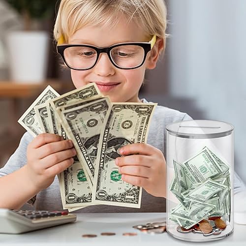 Miniatura 8 de Tarro acrílico para ahorrar dinero, caja de ahorros abierta, 1 alcancía transparente de acrílico libre de arañazos con diseño liso y redondeado,