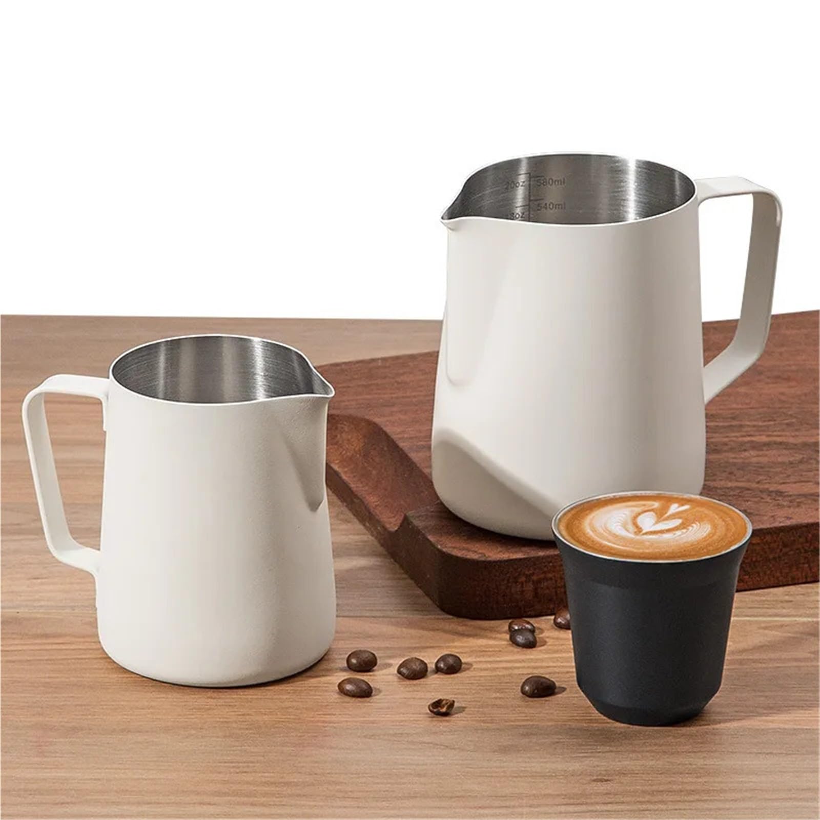 Jarras de espuma de leche, jarra de espuma de café de acero inoxidable, 350 ml/600 ml para baristas, diseño de boca en V para leche perfectamente espumada, ideal para arte espresso y latte