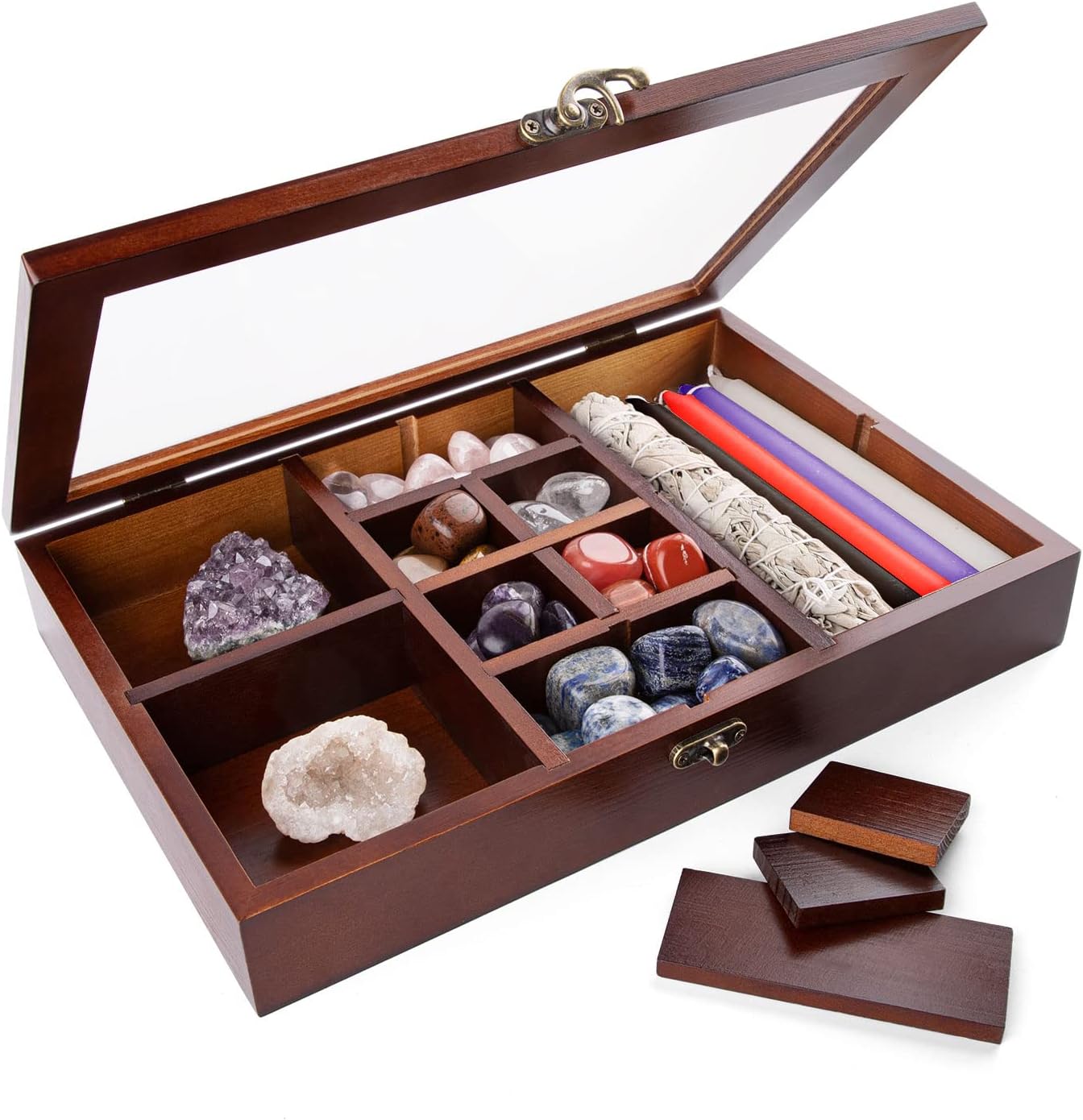 Mooncraftlogy Adjustable Rock Display Case, Crystal Collection Box with Shelves, Wood Witchy Stones Organizer Storage,Gem Holder with Lid for Seashell, Collectibles, Wiccan Gift (Brown)