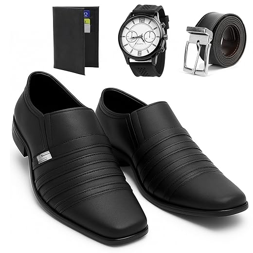 Sapato Social Masculino Italiano Couro com Tiras Decorativas, Preto, Solado Borracha, Estilo Clássico Formal