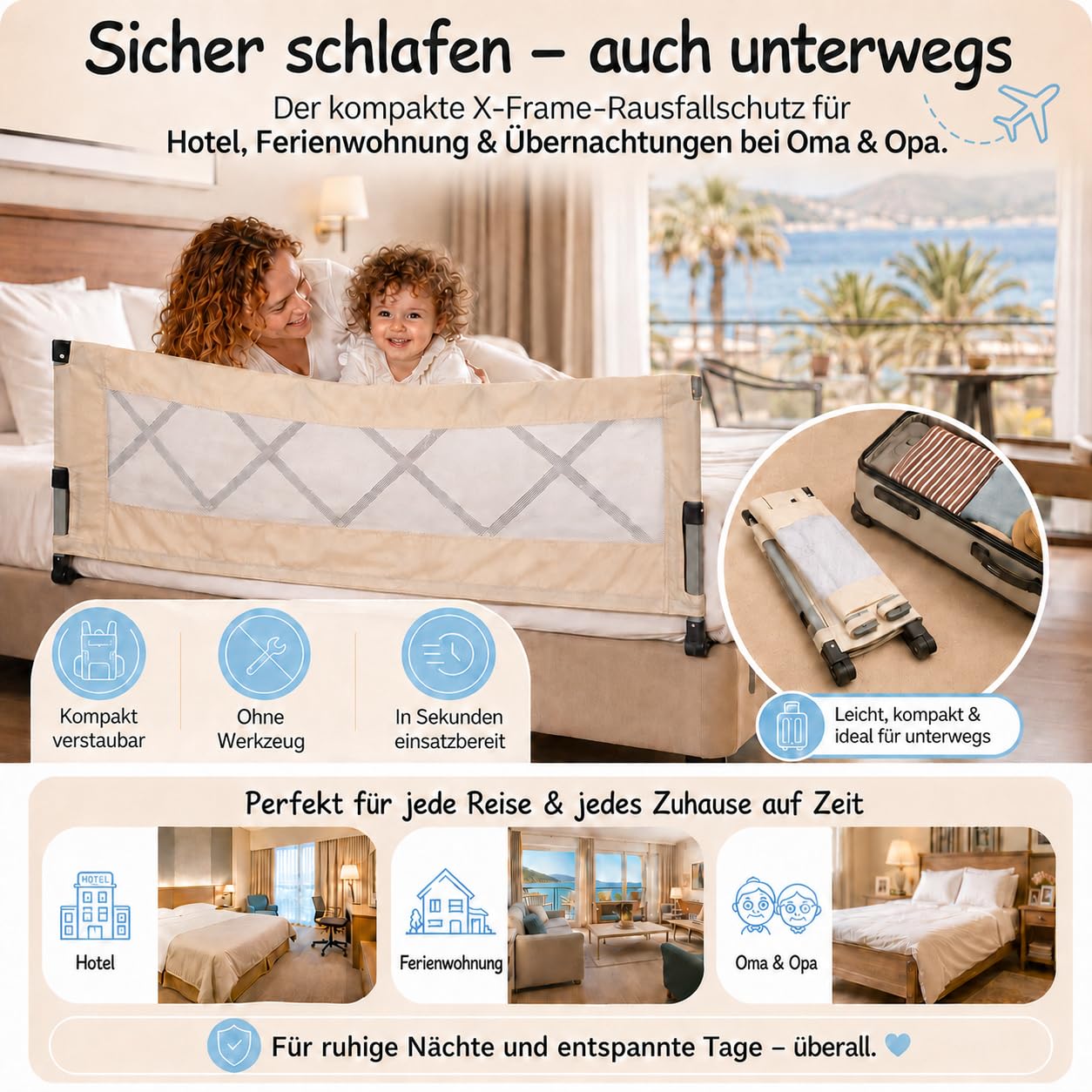 Rausfallschutz Bett Faltbar, 55x130 | Kompakt und Handlich, Für Reise, Übernachtungen, Hotels, Für Boxspringbett, Massivholzbett, Metallbett