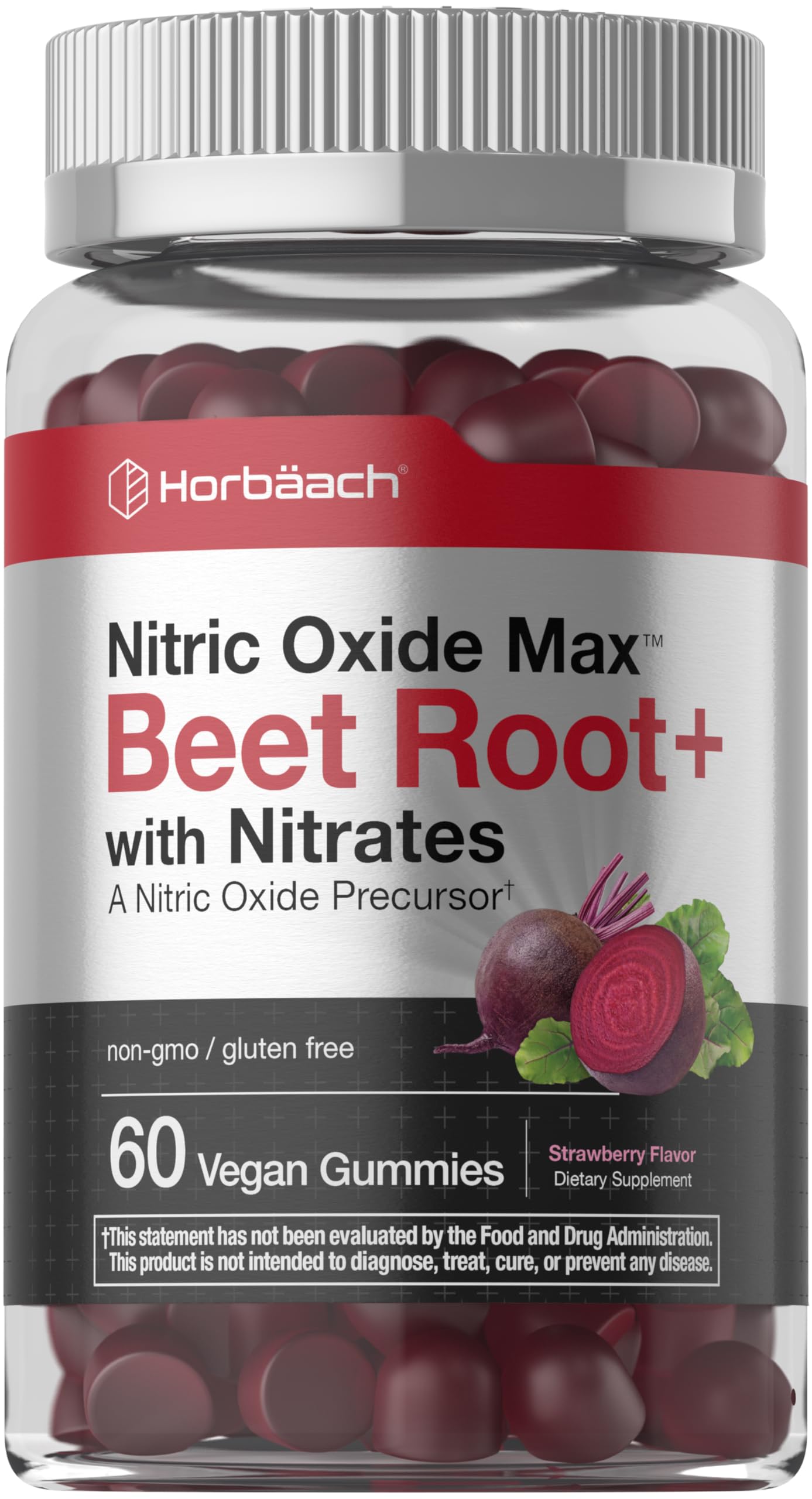 Horbäach Nitric Oxide Beet Root Gummies | 60 Chews | with Nitrates, Vitamin C & Black Pepper | For Men & Women | Strawberry Flavor | Vegan, Non-GMO, Gluten Free Supplement