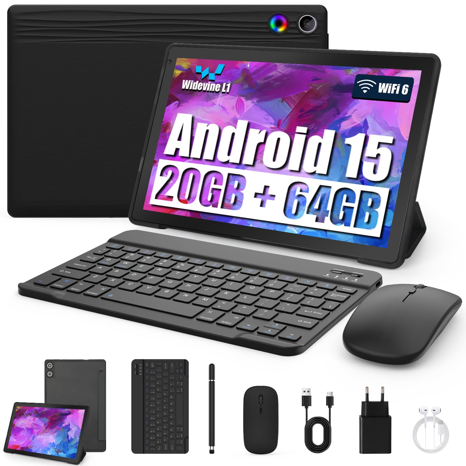 Tablet 10 Pollici Kit 8-in-1 Android 15 Tablet PC con Custodia, Tastiera, Mouse, Penna, Cuffie, Alimentatore, Cavo, Octa-Core, 20 GB RAM, 64 GB ROM, Espandibile 1TB,Display IPS 1280x800,5000 mAh(Nero)