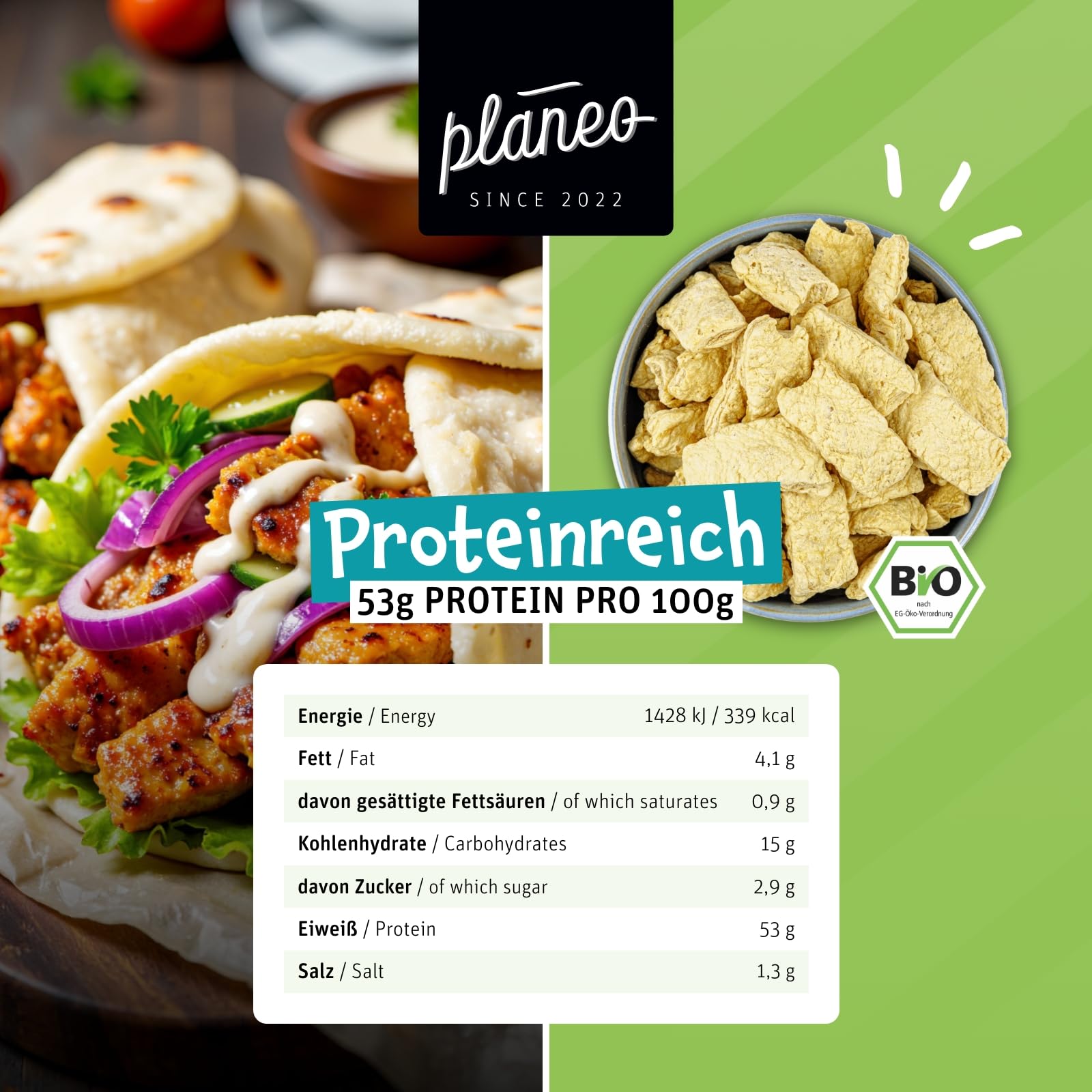 Planeo BIO Erbsen Schnetzel 800g – Veganer Fleischersatz mit über 50% Eiweiss, ideal für Geschnetzeltes & Eintöpfe, aus Erbsen- und Ackerbohnenprotein
