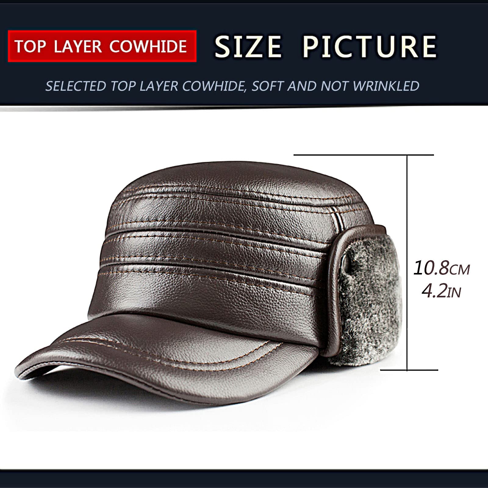 Cappello Invernale in Pelle con paraorecchie Aviatore cap Caccia Trapper Cappello Sci Neve Cappelli Impermeabile Invernale Cappello,Dark Brown,L(55~56cm)