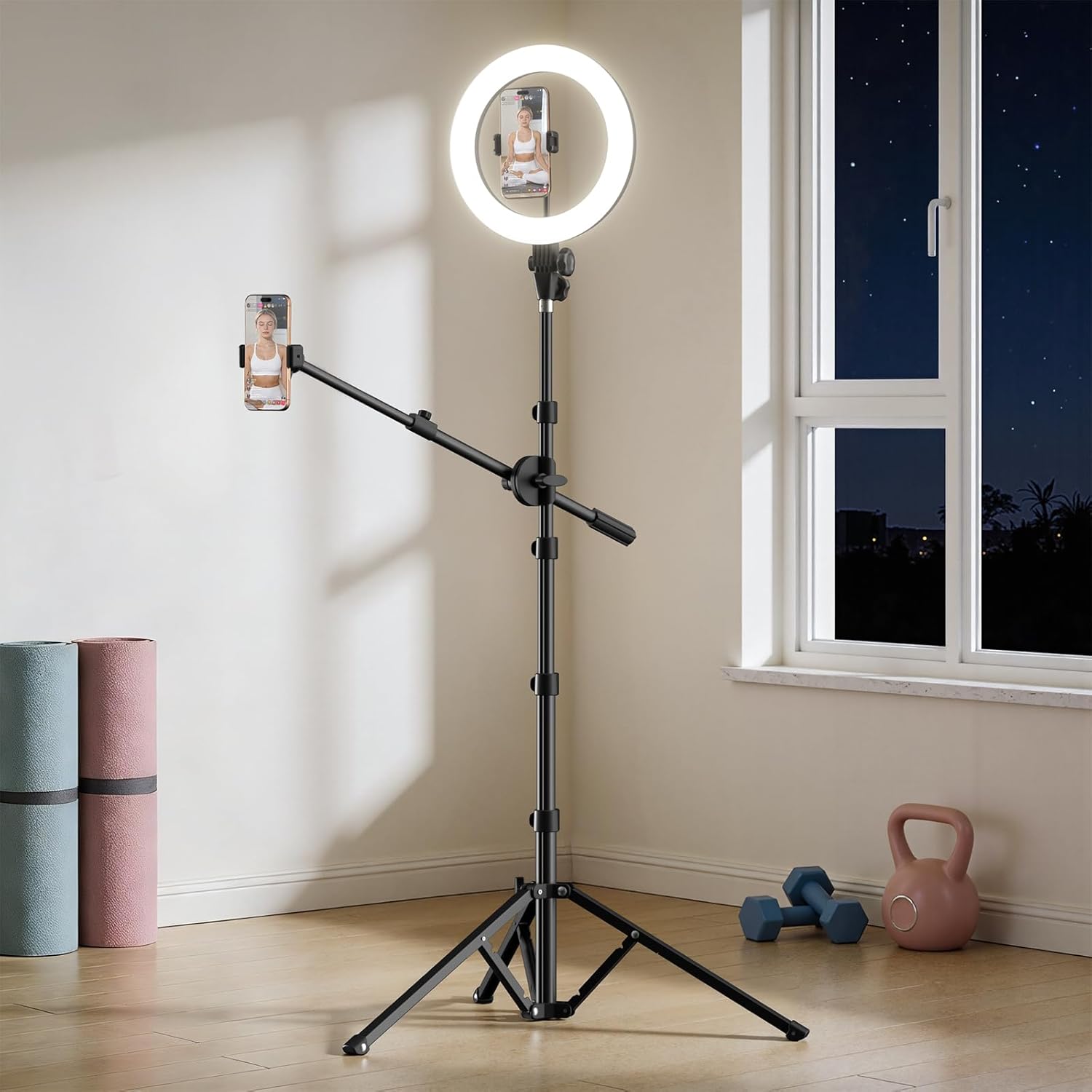 Tripod for iPhone with Light & Phone Holder - 10.5'' Ring Light with Stand - Second Arm with Overhead Phone Mount, Fast-Adjust Bamboo-Flex Stand & Remote for Content Creators, Video Recording