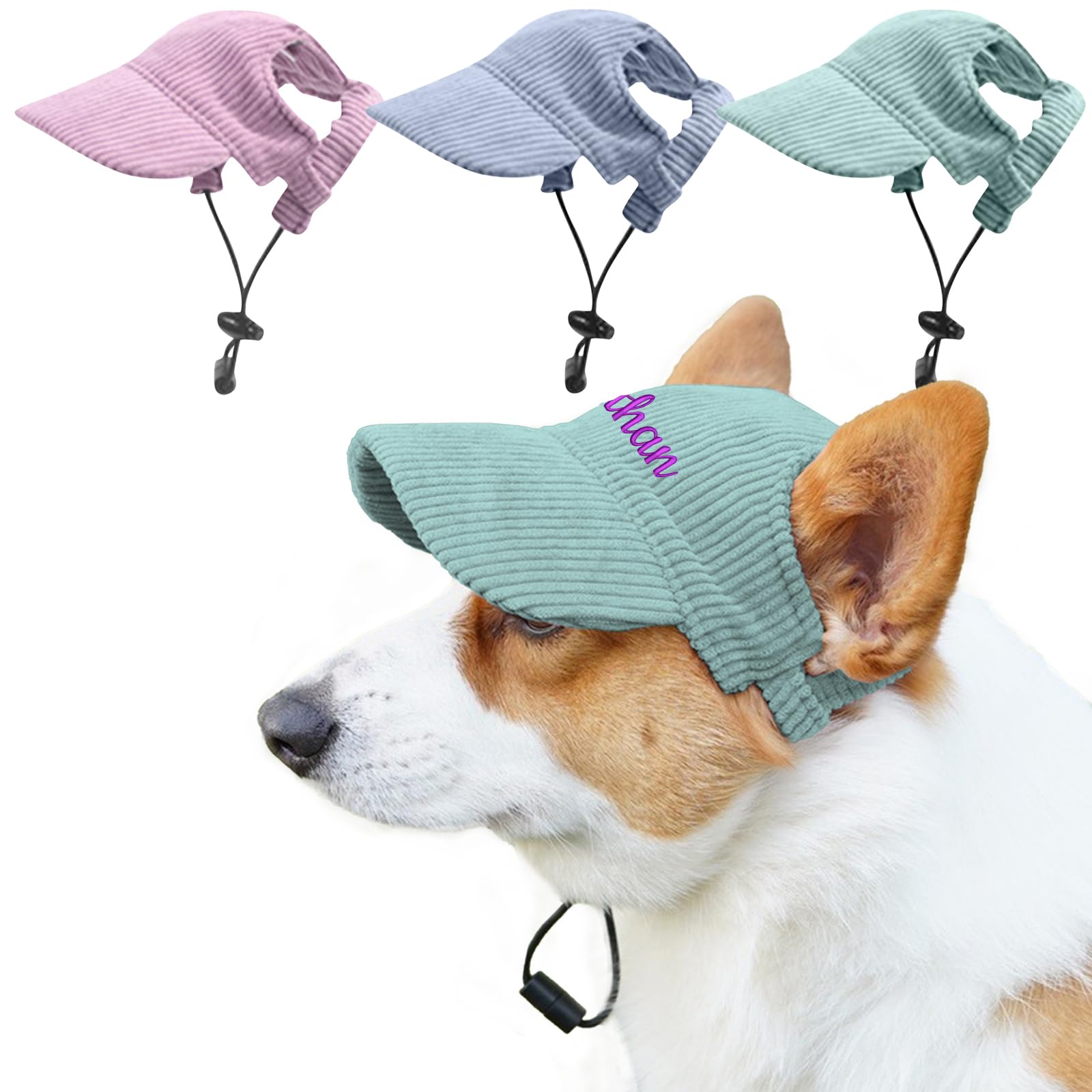 Personalized Dog Hat with Embroidery Name, UPF50+ UV Protection, Summer Outdoor Sun Hat for Small Dogs Cats with Ear Holes, Adjustable Rope Buckle Corduroy Green L