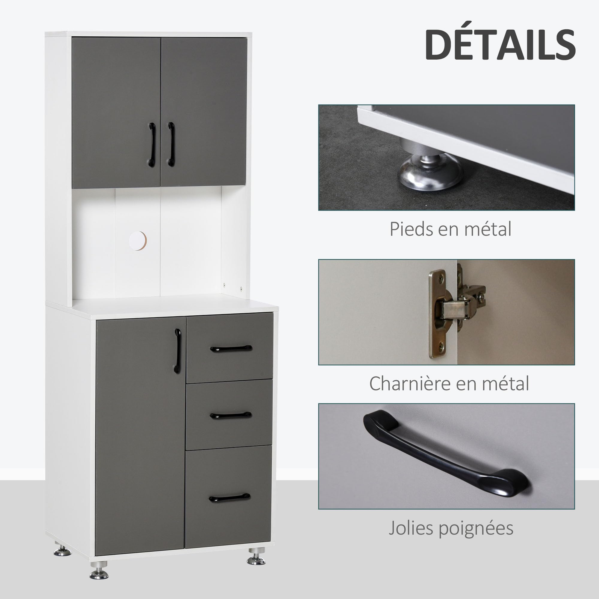 HOMCOM Armoire de Cuisine Multi-Rangements 60L x 40l x 160H cm Gris Blanc