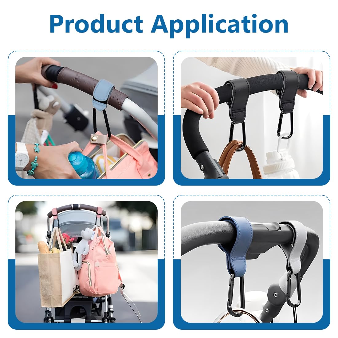 4 Pezzi ganci passeggino, Moschettoni per Carrozzina Universali in Pelle, Accessori Passeggino per Porta Borse Della Spesa, Cambio Bambino, Zaini, neonato accessori utili