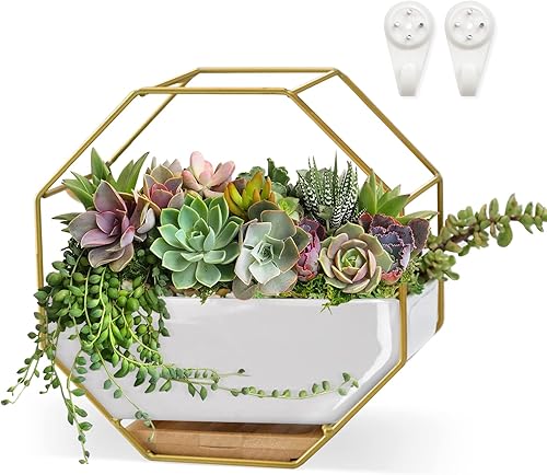 Macetas decorativas de cerámica para suculentas de 7 x 3.5 pulgadas con soporte de metal para colgar y colocar, maceta de jardín de doble propósito