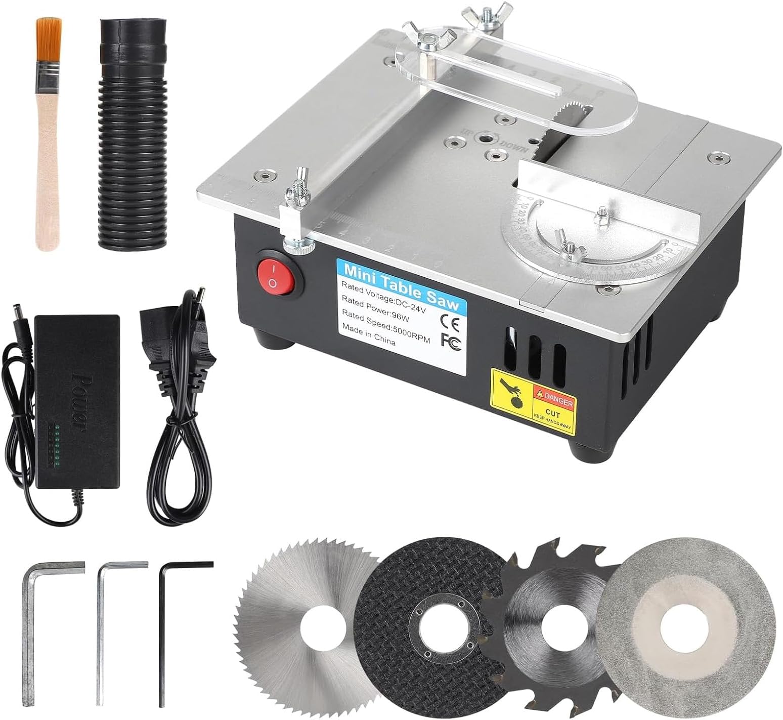Mini Table Saw with 4 Blades, 96W Small Table Saw with 7 Adjustable Speed Power Source, 0.1-15mm Saw Blade, Adjustable Height, Table Saw