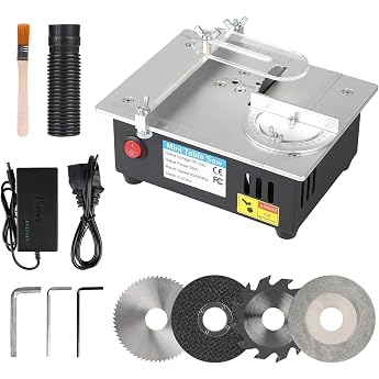Mini Table Saw with 4 Blades 96 W Table Saw Small with 7-Speed Power Supply Adjustable 0.1-15 mm Saw Blade Height Adjustable Multifunctional Table Saw Precision Table Saw for Woodworking