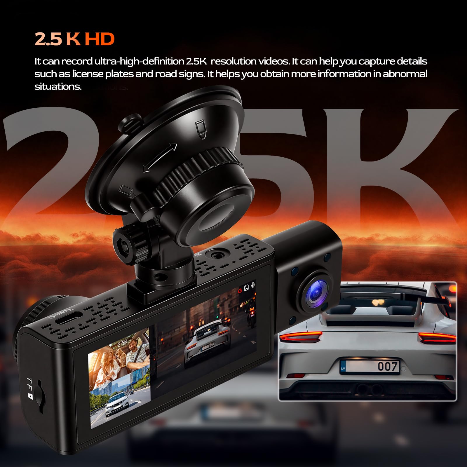 CAMECHO 3 Canaux Dashcam 2.5K Caméra embarquée Avant et arrière avec Vision Nocturne, GPS Ecran Dashcam 3.16 Pouces Enregistrement en Boucle, WiFi(APP), Mode Parking, Détection de Mouvement, Capteur G