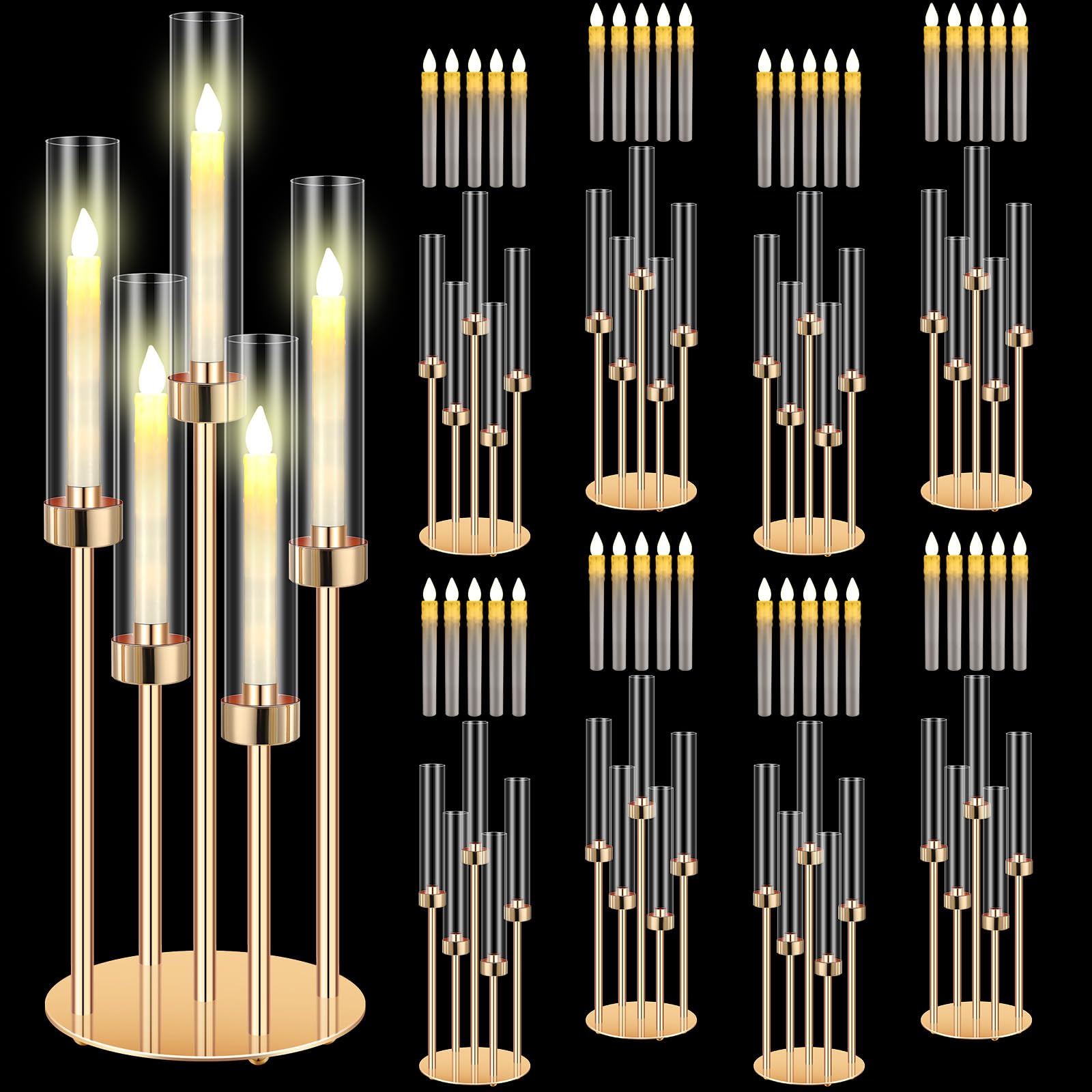 Tandefio 8 Set 5 Arm Gold Candelabra Table Centerpiece with LED Candle 26.8? Tall Acrylic Candle Holder with Lampshades Fit 0.8 for Wedding, Church Ceremony, Anniversary, Birthday, Dinner, Party