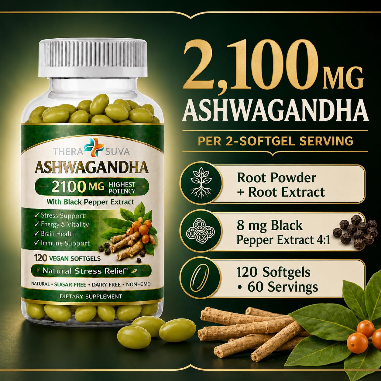 TheraSuva High Potency Ashwagandha 2100mg Supplement, 120 Veggie Softgels — Amazon image 2