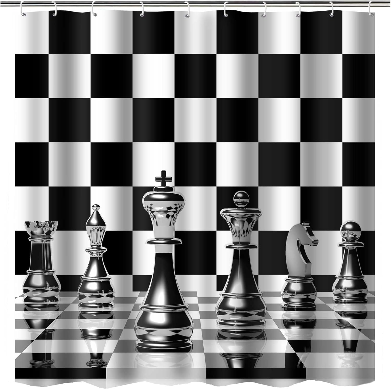 Chess Shower Curtain Black White Checkered International Chess Shower Curtains 72x72Inch Washable Fabric Boys Kids Teen Cool Board Game Bathroom Curtain with 12 Hooks