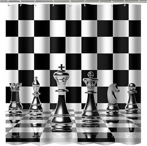 Miniatura 3 de YLOKPA0412 - Cortina de ducha de ajedrez con cuadrícula geométrica en blanco y negro, 72 x 72 pulgadas, tela lavable, juego de mesa para niños y