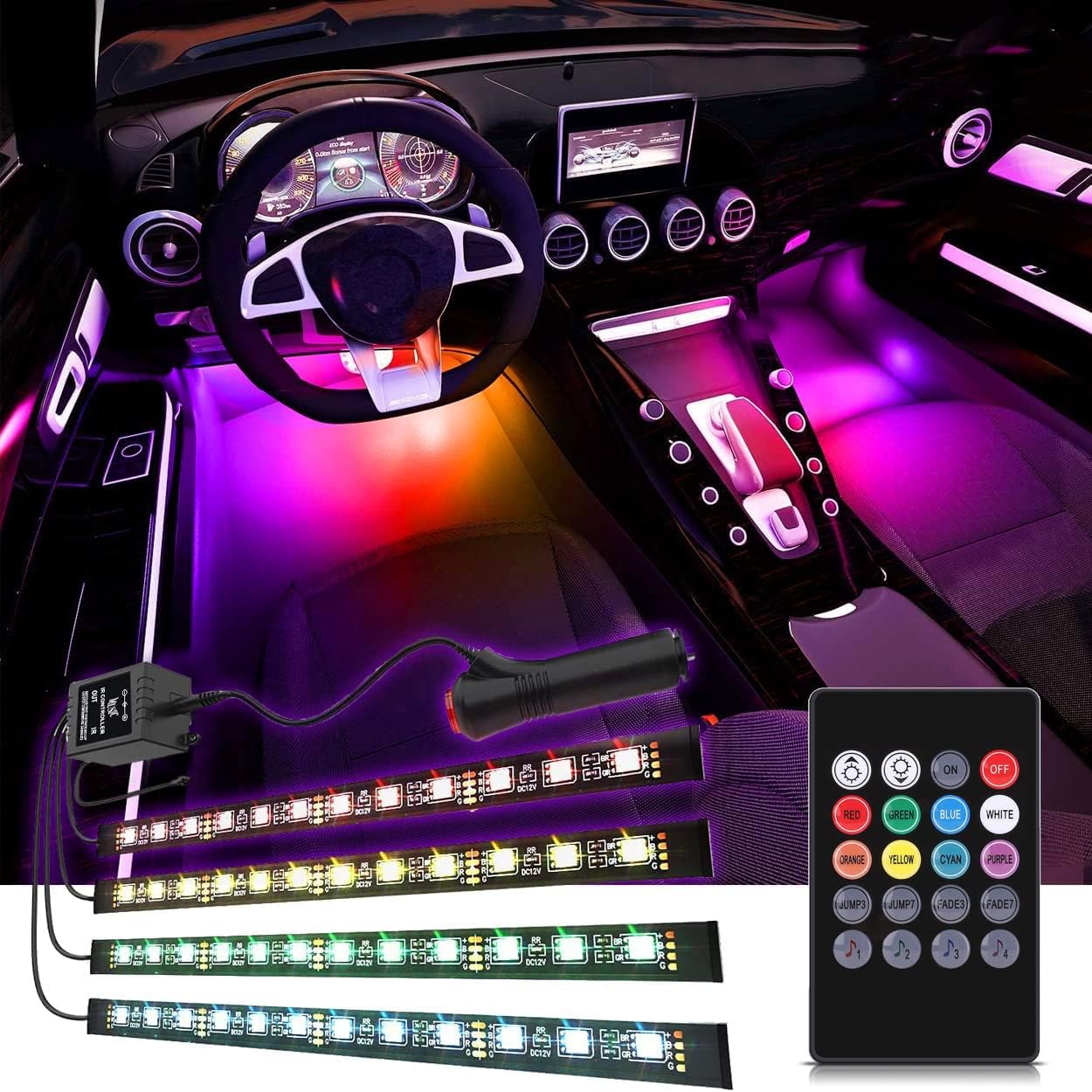 Car LED Strip Light, EJ's SUPER CAR 4pcs 48 LED DC 12V Multicolor Music Car Interior Lights LED Under Dash Lighting Atmosphere Neon Lights Kit with Sound Active Function and Wireless Remote Control
