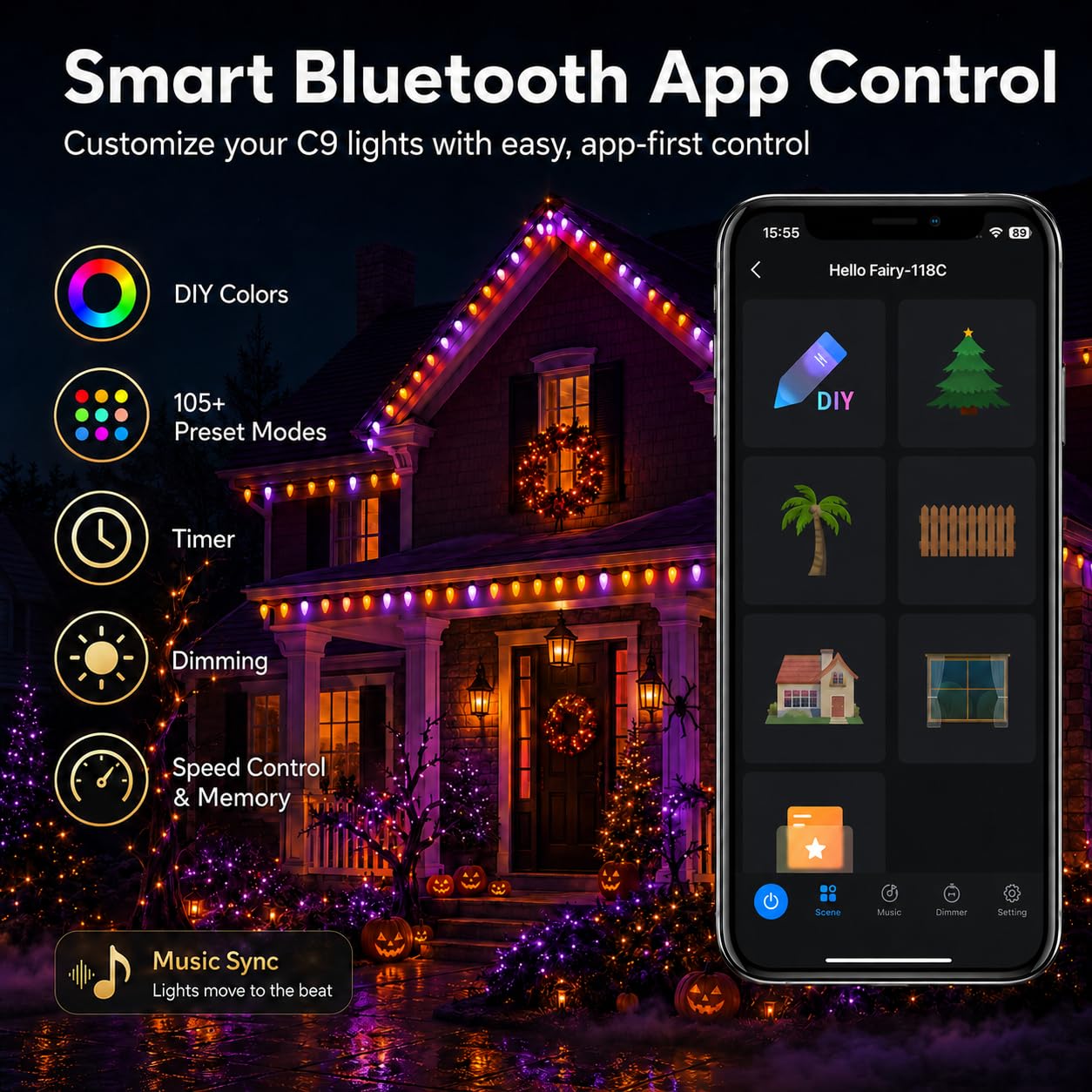 Smart C9 - Luci natalizie a LED per esterni, 30 m, 150 LED, controllo APP, 105 modalità preimpostate, sincronizzazione musica, dimmerabile, impermeabile IP65, luci di Natale collegabili per cortile