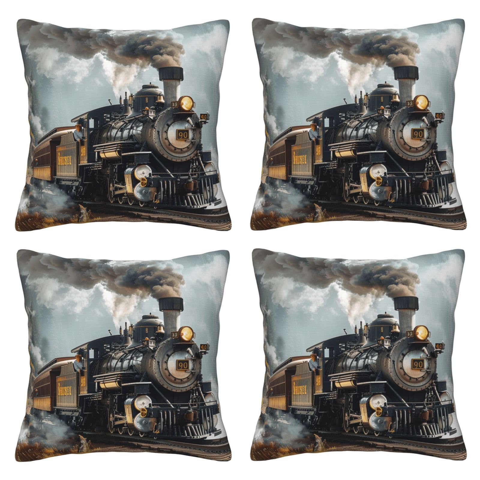 Steam Train Throw Pillow Cases 4 Pack Square Pillowcases Super Soft Pillow Protectors With Zipper for Couch Livingroom Sofa Bed Office Car,40x40 CM