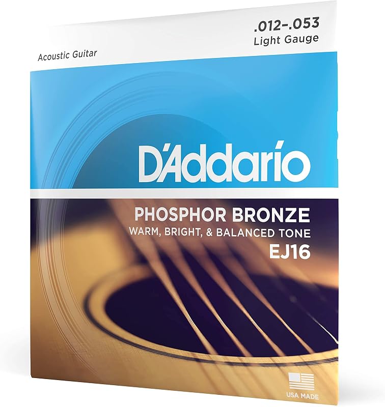 D'Addario EJ16 Cuerdas para guitarra acústica de bronce fosforado, juego ligero 12-53 | Las cuerdas de guitarra acústica de bronce fosforado ofrecen un tono cálido, brillante y equilibrado, una entonación confiable, una sensación duradera y facilidad de ejecución.