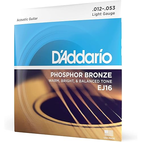 D'Addario Acoustic Guitar Strings, Phosphor Bronze, EJ16, Light Gauge 12-53, 6-String Set, Pack of 1