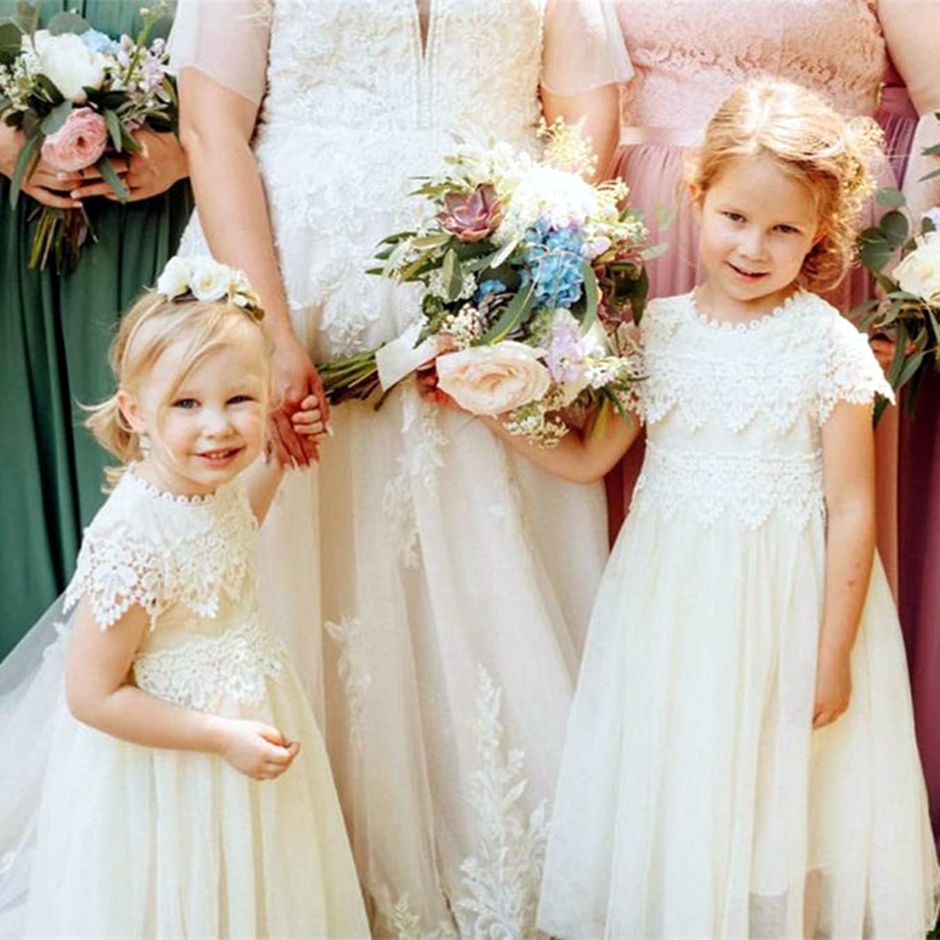 2Bunnies Girl Boho Bohemian Rustic Communion Crochet Lace A-Line Tulle Flower Girl Dress