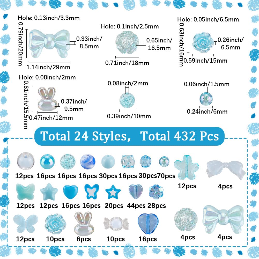 SOFPLATE 1 Box 432Pcs 24 Styles Blue Acrylic Beads Friendship Bracelet Making Kit Cute Summer Winter Holiday Heart Star Flower Loose Spacers for Bracelets Necklaces Keychains Jewellery Making Crafts - Image 2