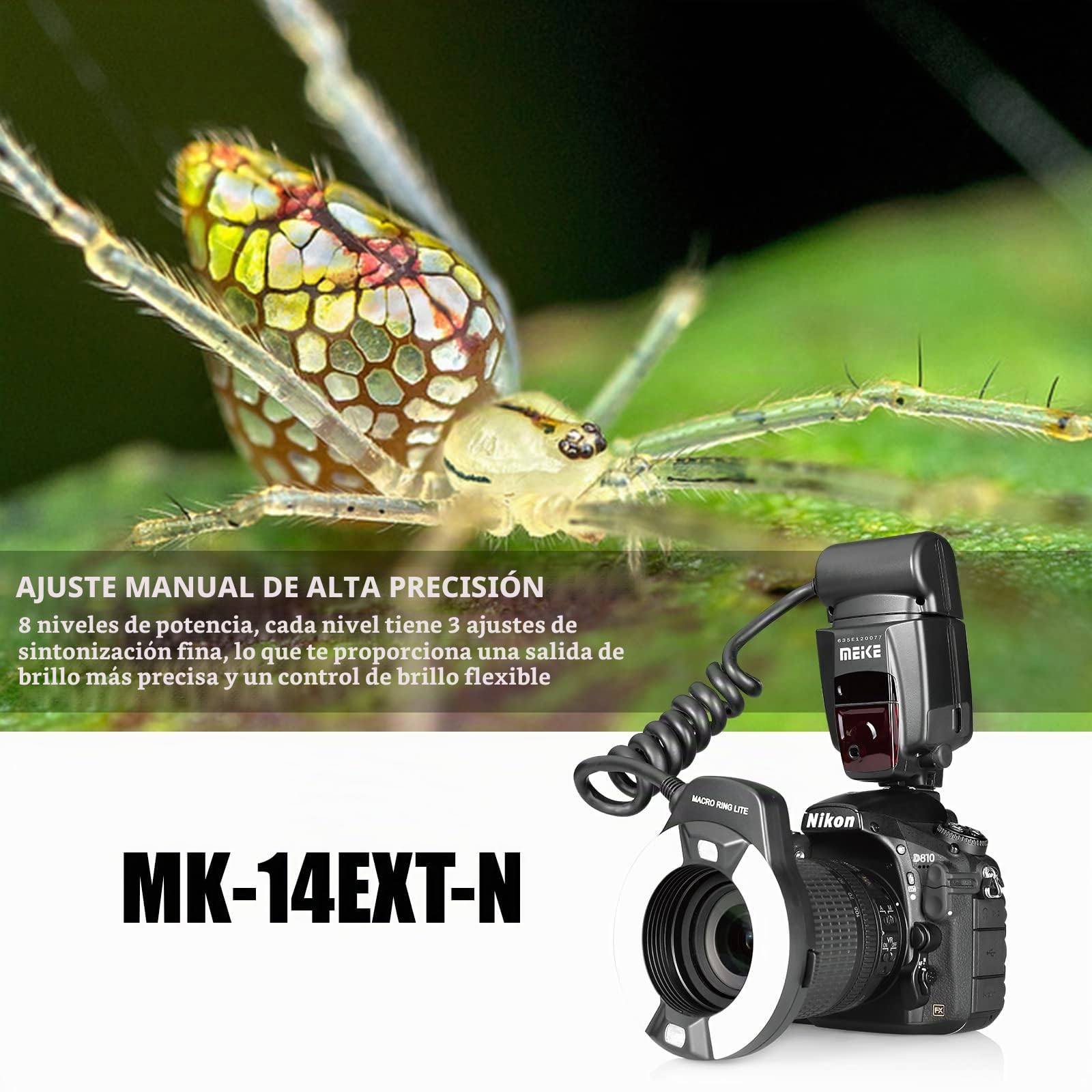 Meike MK-14EXT-N I-TTL Macro Ring Lite Flash con LED AF Assist Lámpara para Nikon Cámaras D5100 D3200 D3300 D5200 D90 D850 D3500