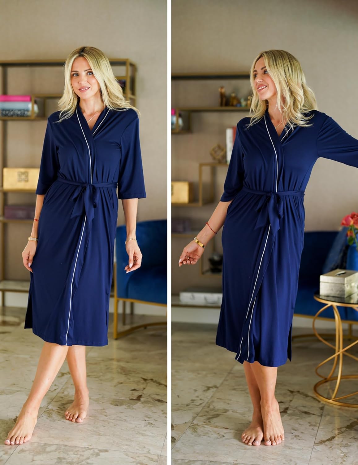 Ekouaer Robes for Women Long Knit Bathrobe Lightweight 3/4 Sleeves Kimono Robe Soft Sleepwear with Pockets S-XXL - Image 4