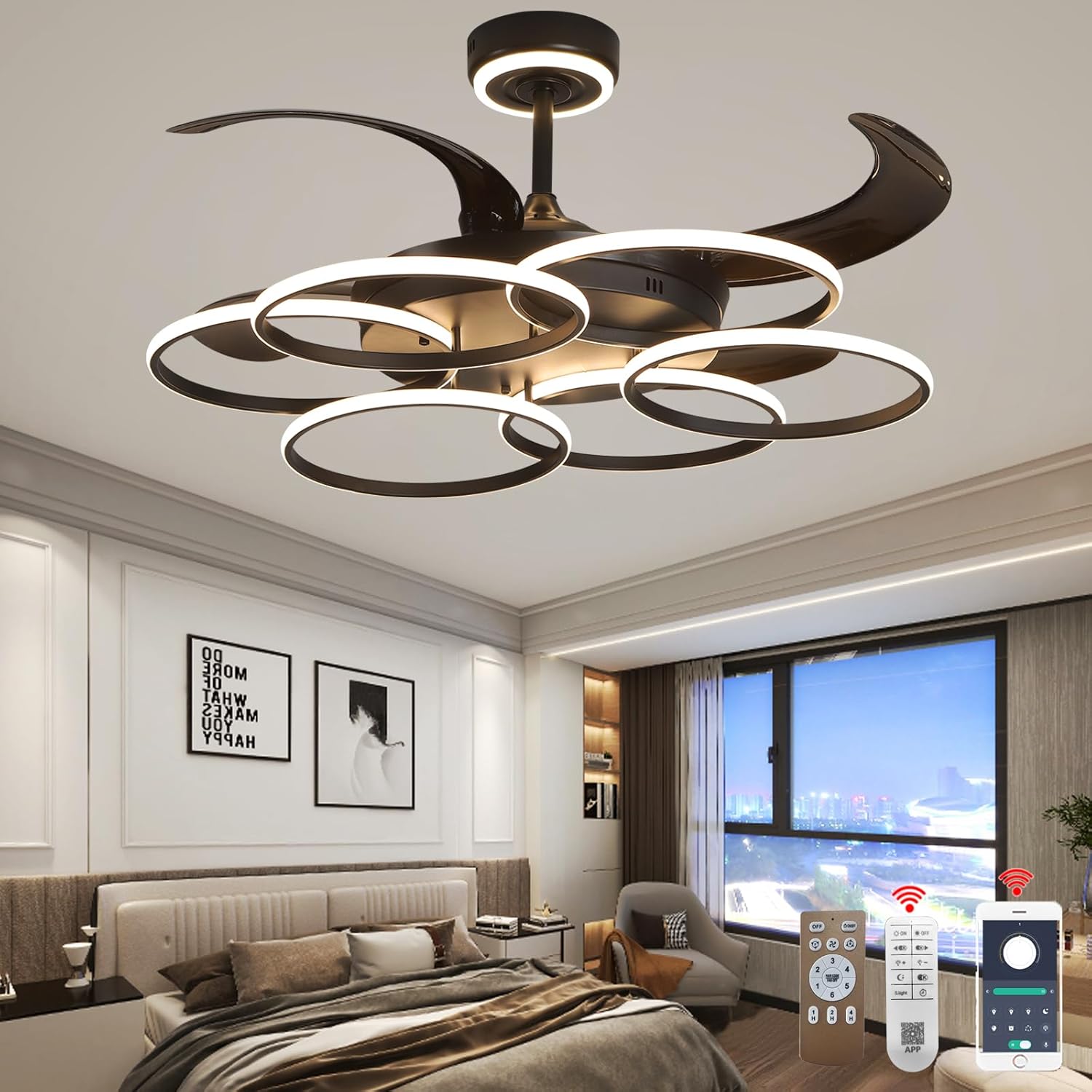 48 Inch Chandelier Ceiling Fans with Lights and Remote, Retractable Fandelier Ceiling Fan for Bedroom Indoor Decoration, 3 Color Changeable, Dimmable with App, Timer Setting (Black DCFS25007)