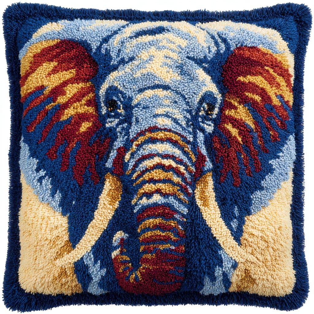 Taxpy DIY Latch Hook Kits, Animals Elephant Pillow Embroidery Carpet Set Needlework Crocheting Cushion Pillow Case Embroidery Set 43x43cm