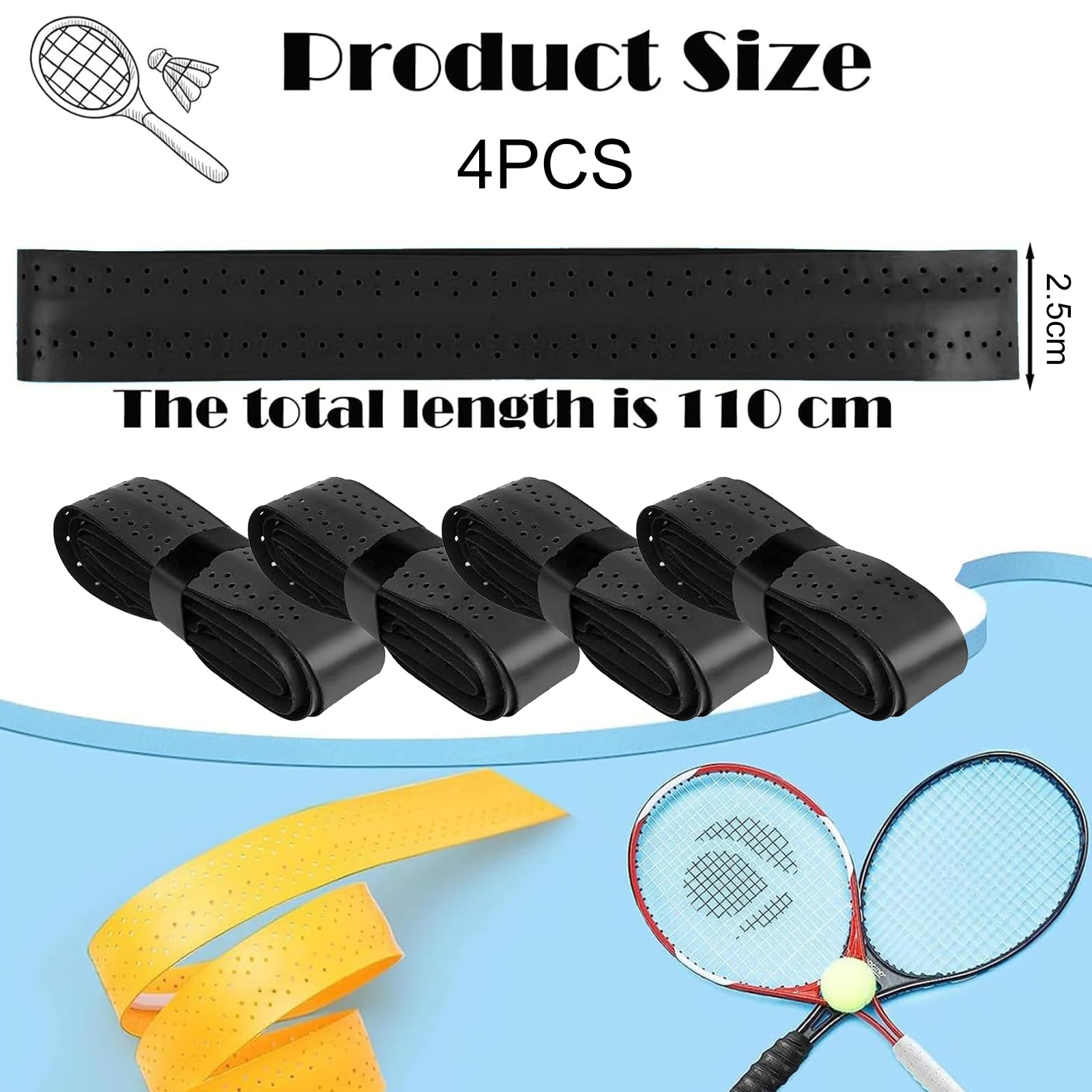 Fascia per racchette da tennis, 4 pezzi, autoadesiva, antiscivolo, per racchette da badminton, traspiranti, per racchette da tennis, badminton, squash