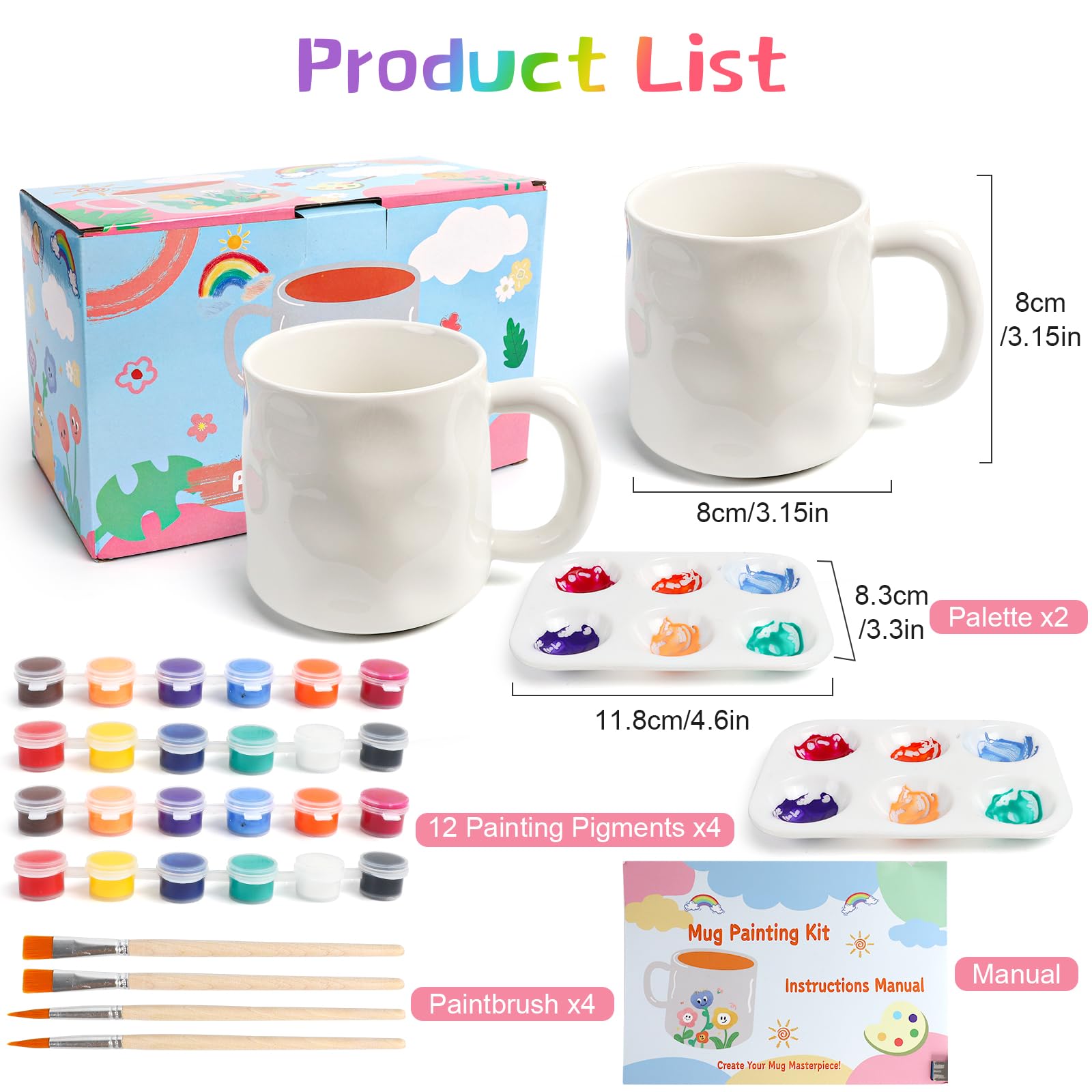 Kit de Peinture sur Céramique, 2 Tasses à Peindre en Céramique Blanche Set avec Peintures, Pinceaux et Peinture, Kit Mug Peindre Cadeau DIY, Kit de Bricolage pour Adultes et Enfants