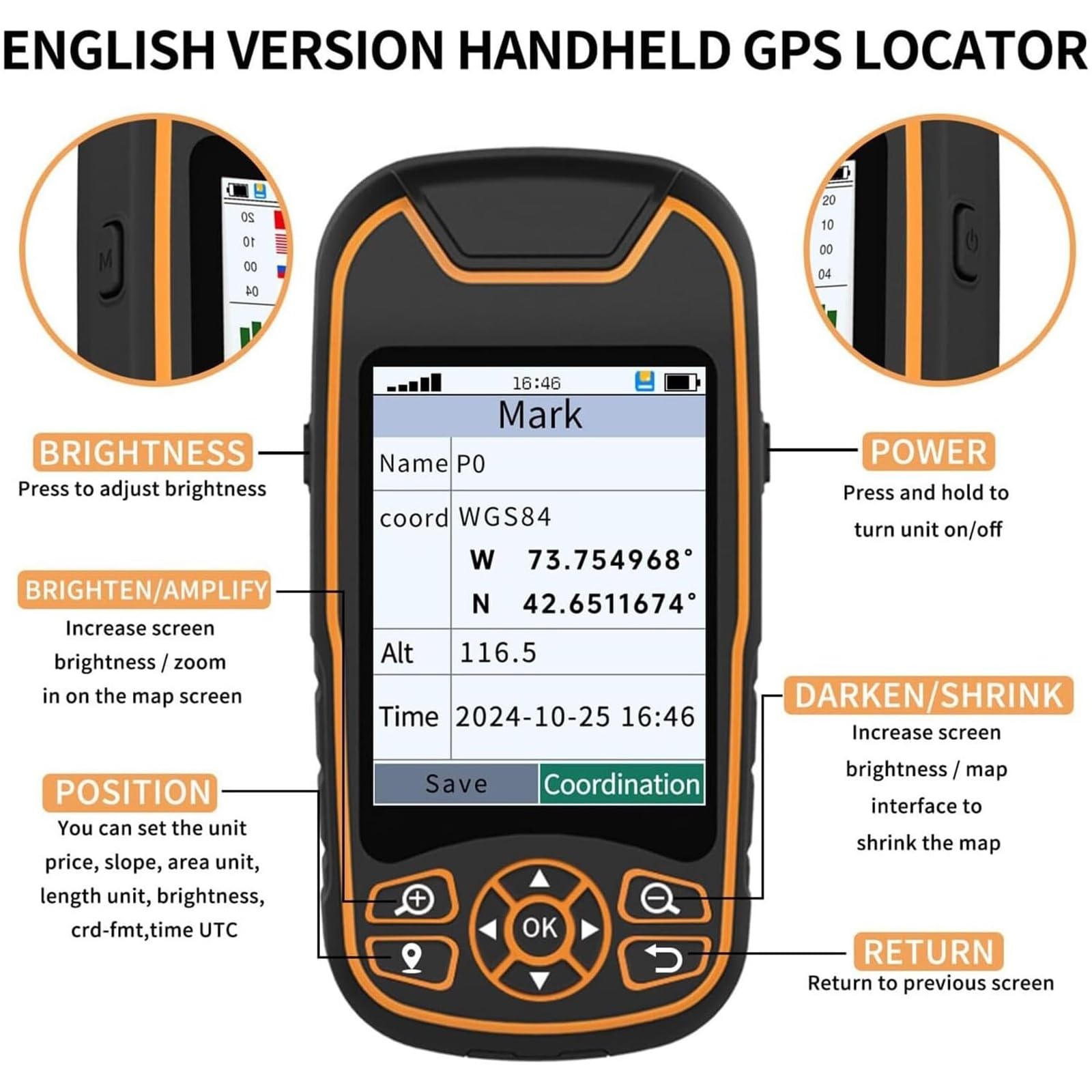 Medidor de tierra GPS de mano, herramienta de adquisición de coordenadas impermeable con pantalla de 3.2 pulgadas, 9 modos, batería de 4000 mAh para senderismo al aire libre y topografía de tierra