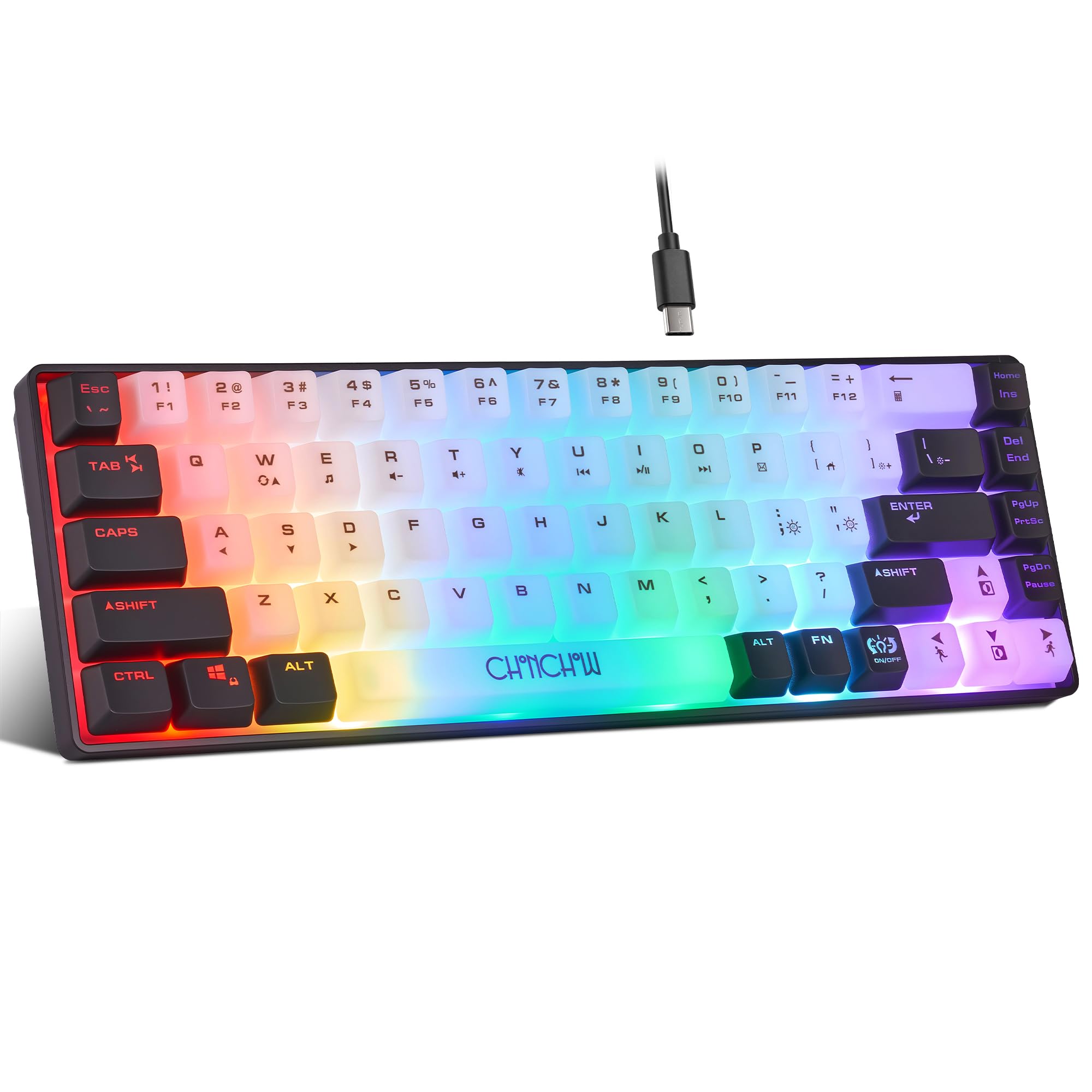 CHONCHOW Teclado mini RGB 60% para juegos, 68 teclas, pequeño, compacto, USB, con cable, arco iris, iluminado, retroiluminado, para Xbox, PS4, PS5, PC, portátil, gamer (blanco-negro)