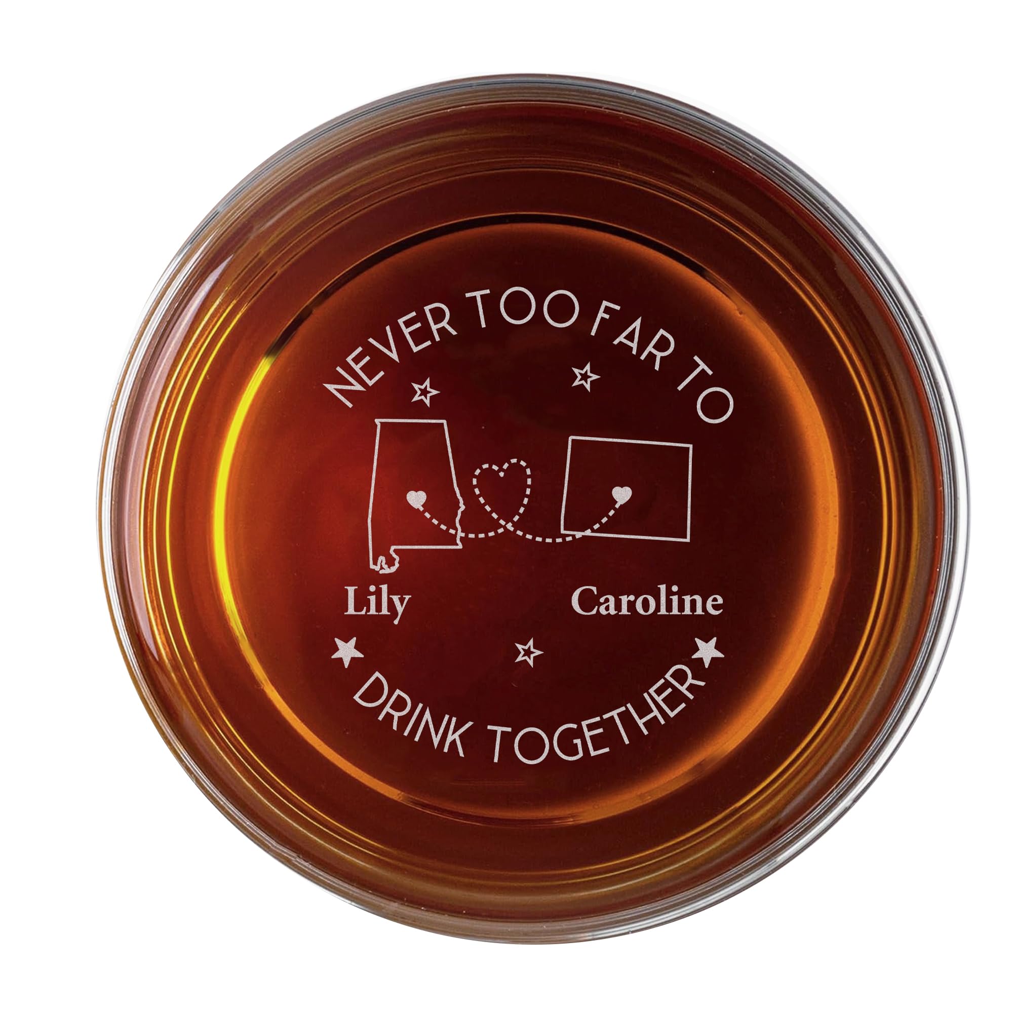 Never Too Far to Drink Together Whiskey Glass - Custom Bottom Engraved Long Distance Friendship Gift for Men & Women, Personalized Birthday Gifts for Friends, Boyfriends, Leaving Gifts (State)