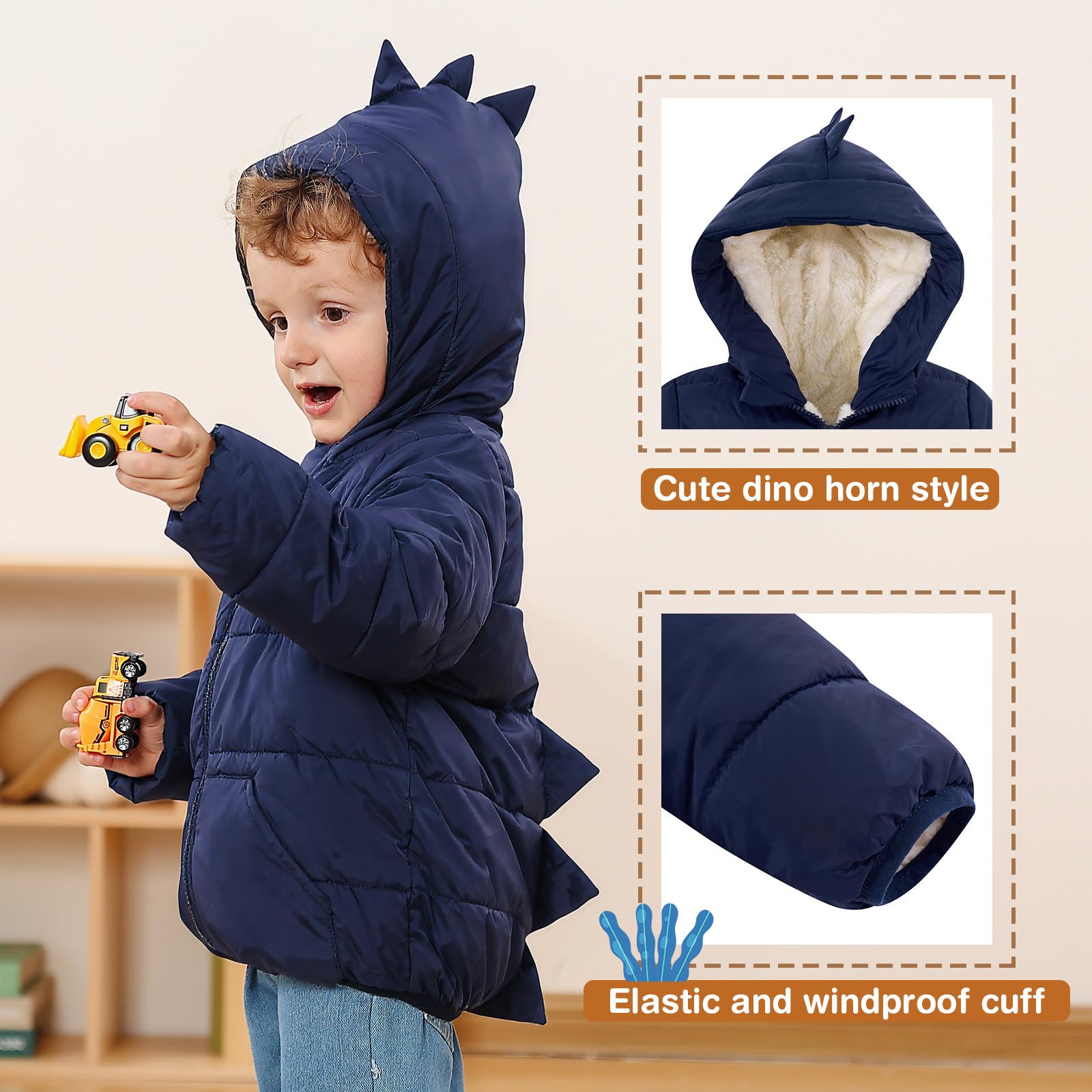 Kids4ever Chaquetas de invierno para bebé niño y niña, abrigos con capucha de dinosaurio, forro polar ártico térmico, cremallera y dos bolsillos, 6 meses a 5 años