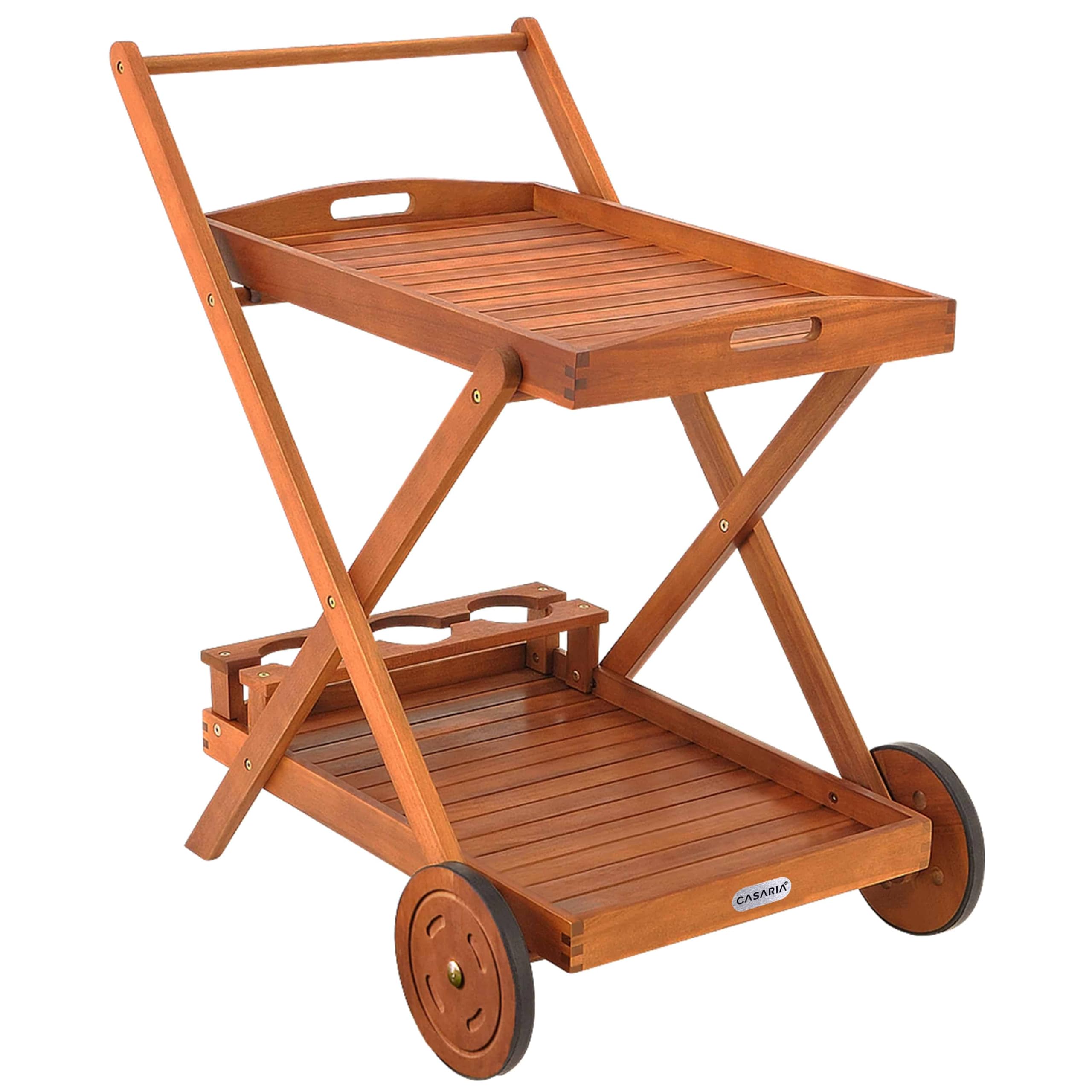 Casaria® Servierwagen mit Rollen Holz FSC®- Zertifiziert Akazie 2 Etagen Tablett 3 Flaschenhalter Outdoor Küche Garten Terrasse Küchenwagen Rollwagen