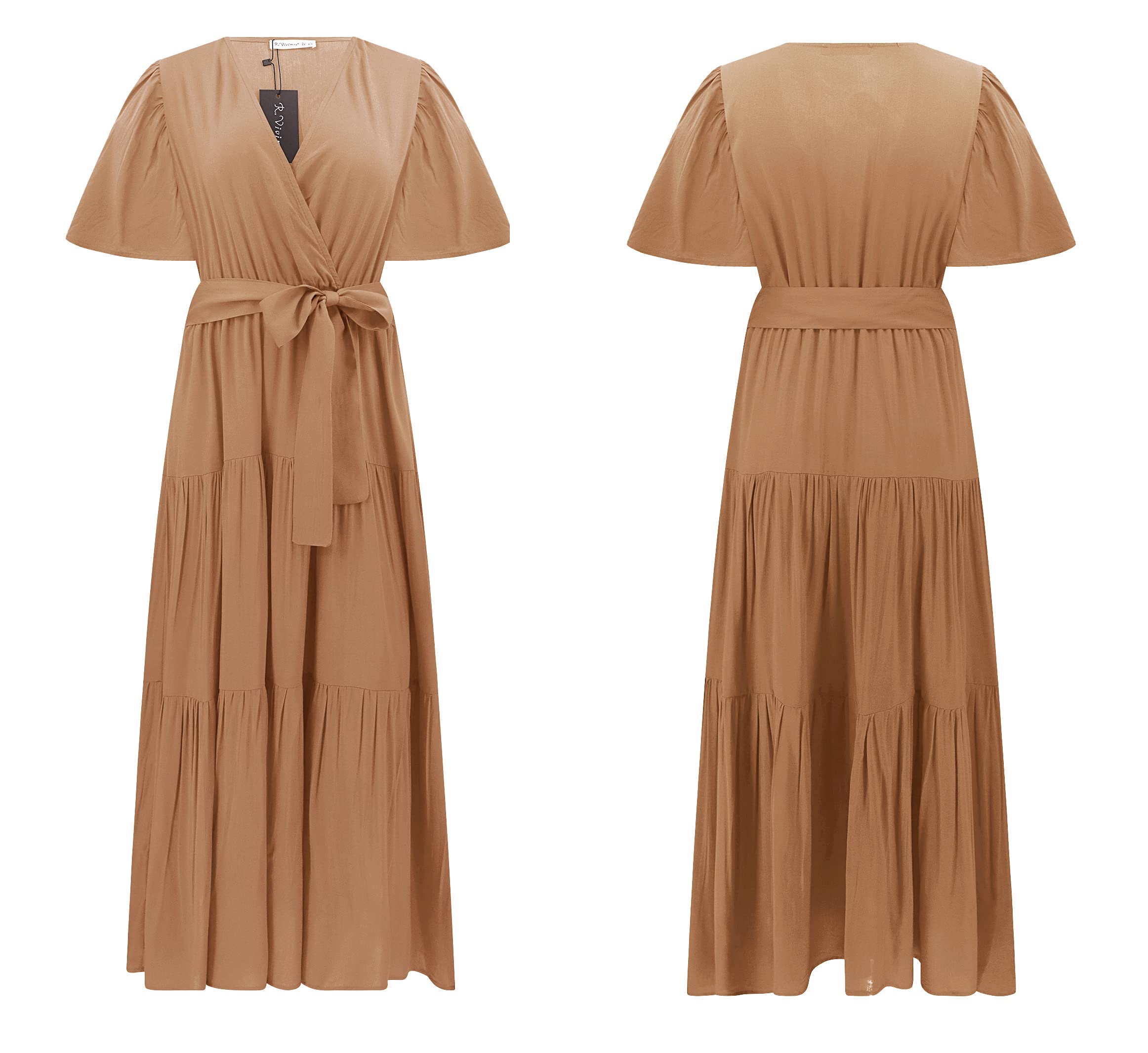 R.Vivimos Summer Dress for Women Cotton Ruffle Short Sleeves V Neck Casual Flowy Midi Dress with Belt