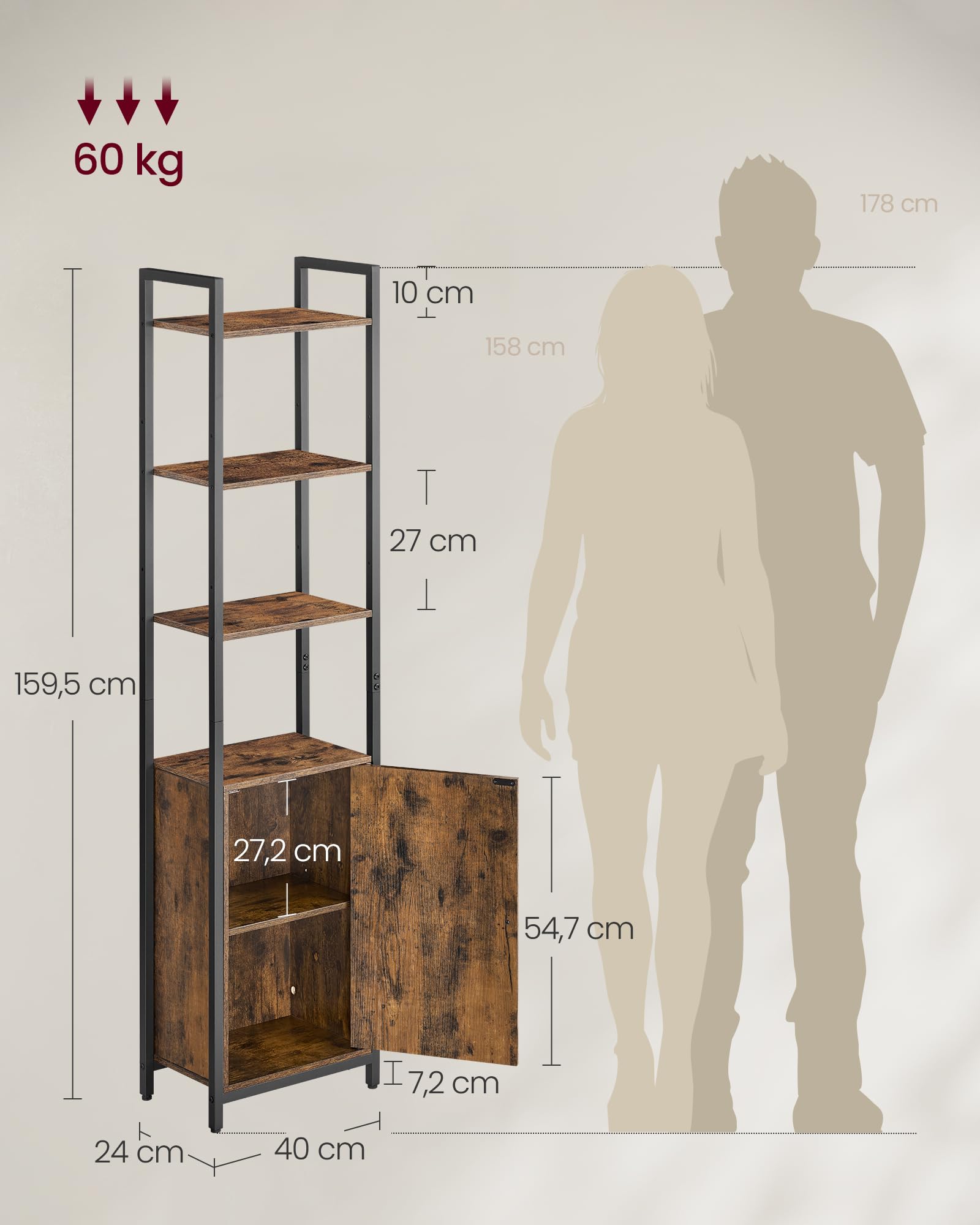 VASAGLE Bibliothèque Verticale à 6 Niveaux avec Porte, Structure en Métal, Étagères Réglables, 24 x 40 x 159,5 cm, pour Salon, Chambre, Marron Rustique et Noir d’Encre LLS132K01