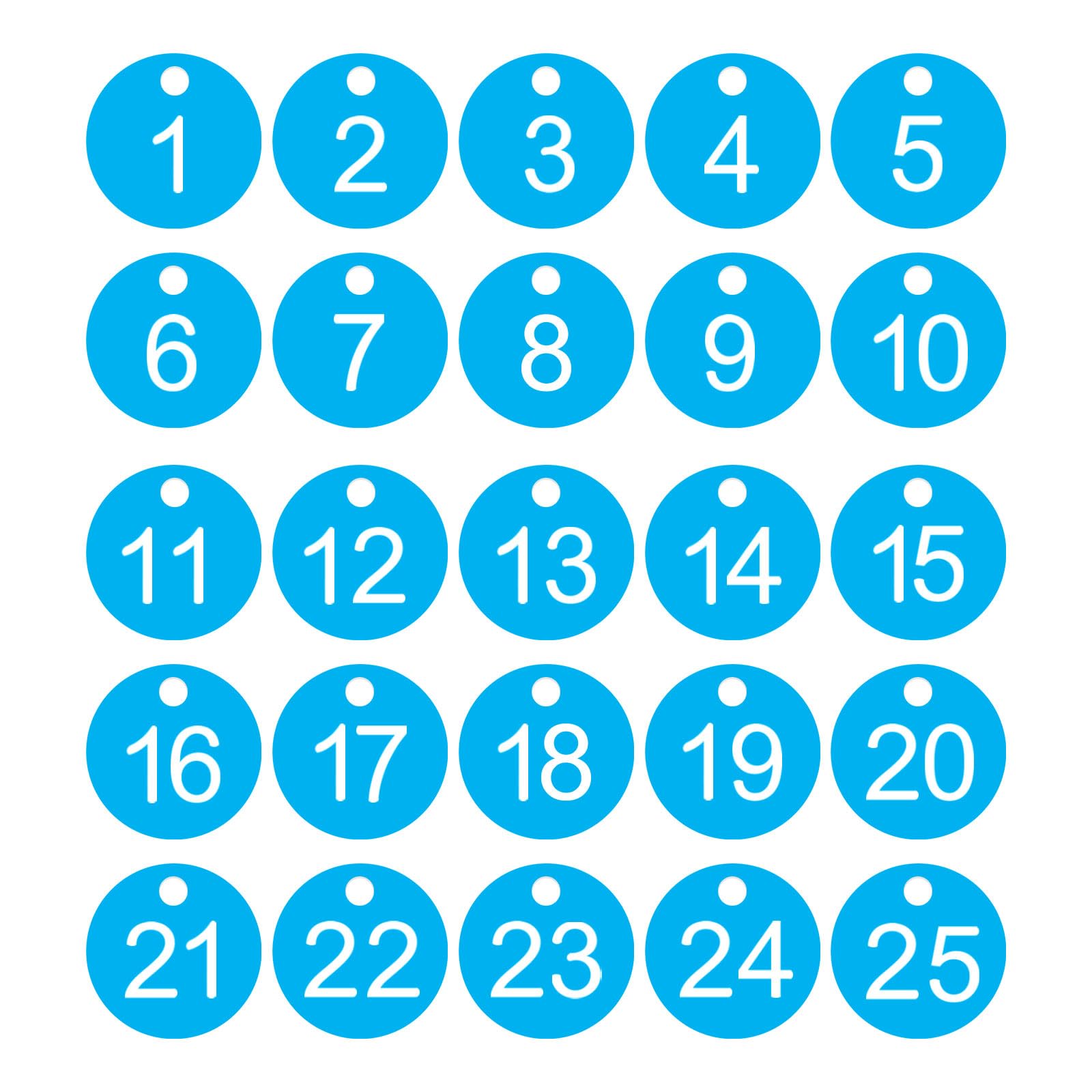 PATIKIL 1-25 Number Tags, 25Pcs Round ID Number Key Tags Plastic Numbered Keychain for Luggage Lockers Organizer Field Sales Hangers Clothes Labels, Sky Blue-White