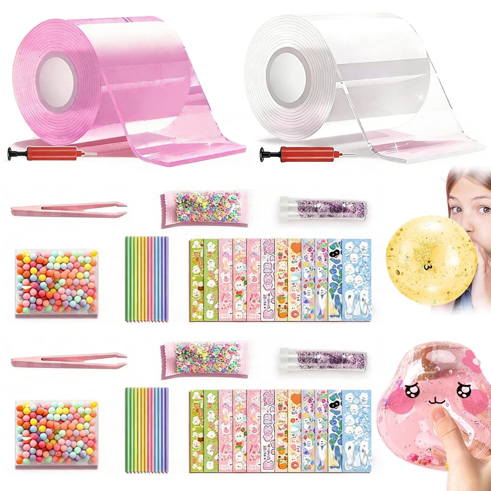 50PCS Glitter Bubble Nano Tape Toy Set, 2027 New Nano Tape Bubble Kit, Nano Making kit Tape Bubbles with Glitter, Stickers and Accessories Tools, DIY Arts and Craft Kit Gift for Kids (A)