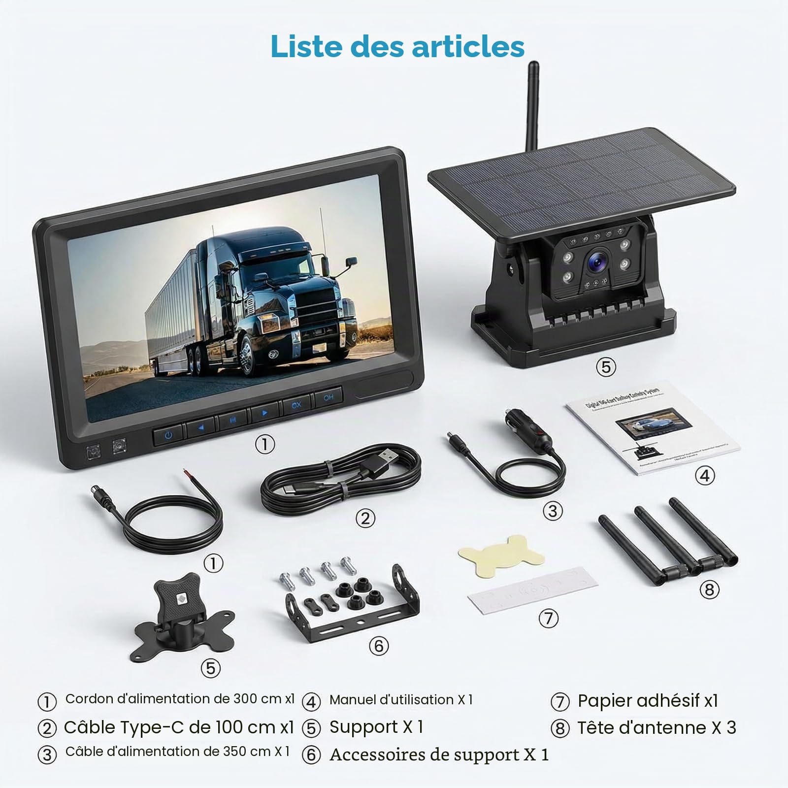 Hikity Écran IPS 7", Kit Caméra Recul Solaire sans Fil pour Véhicules, Caméra Magnétique IP69 Grand Angle Aide Stationnement