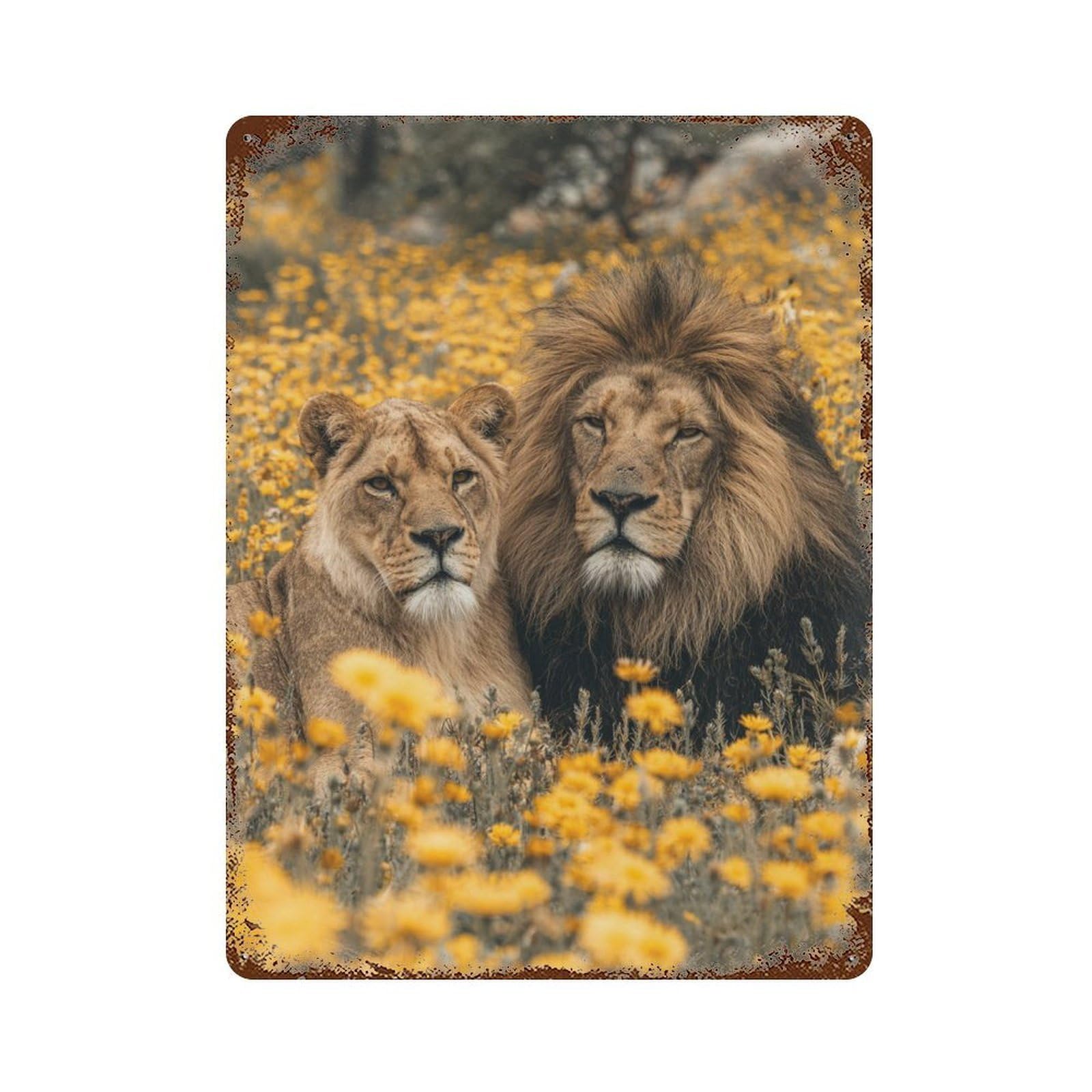 Lion Couple in Yellow Flowers-1 Rustic Tin Plaque 15.7"x11.8", for Pub, Kitchen And Man Cave Decor, Vintage Wall Decor