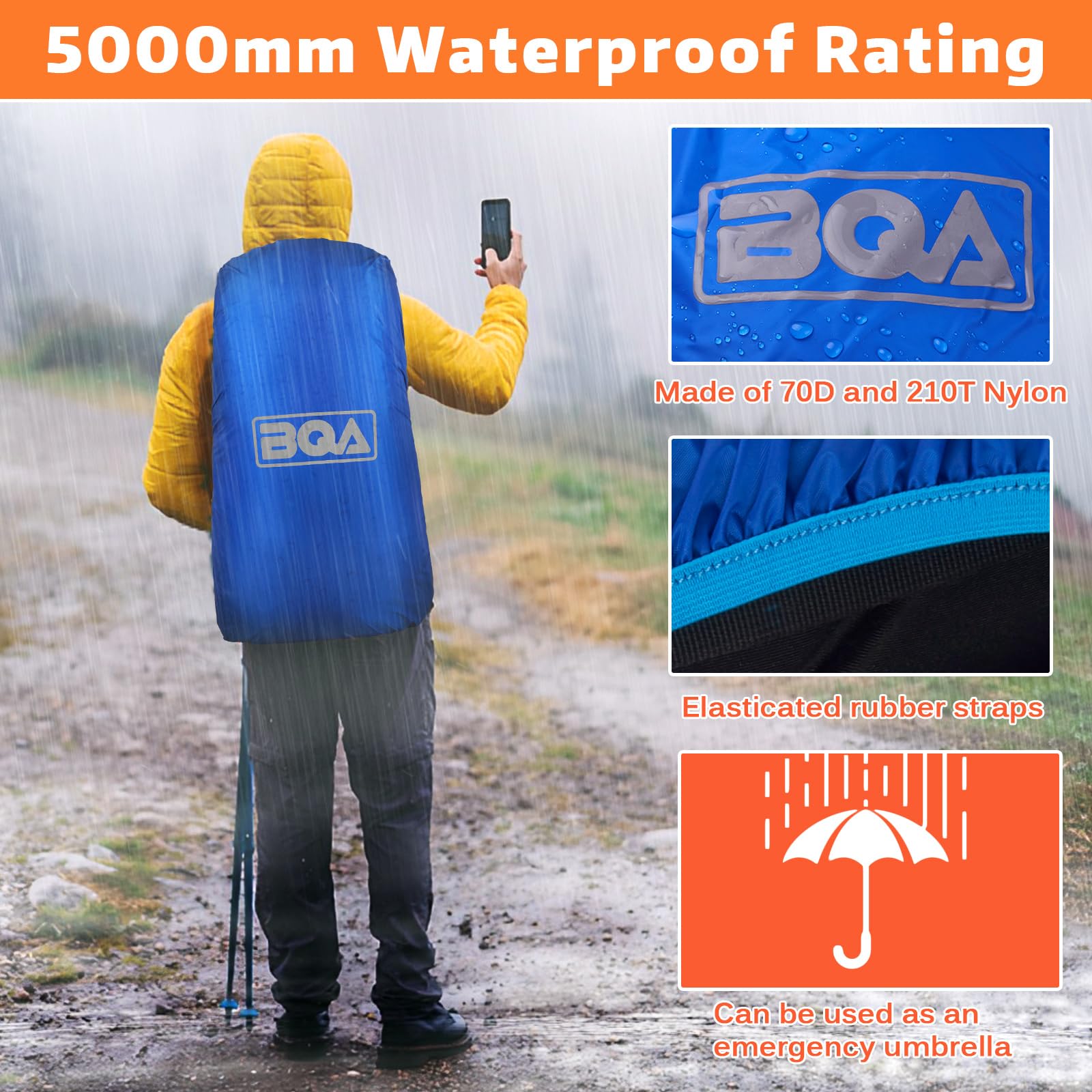 BQA Coprizaino Antipioggia Parapioggia per Zaino (10-70L) Stoccaggio Monopezzo con Copertura a Zaino con Fibbia Regolabile per Escursionismo, Campeggio, Ciclismo
